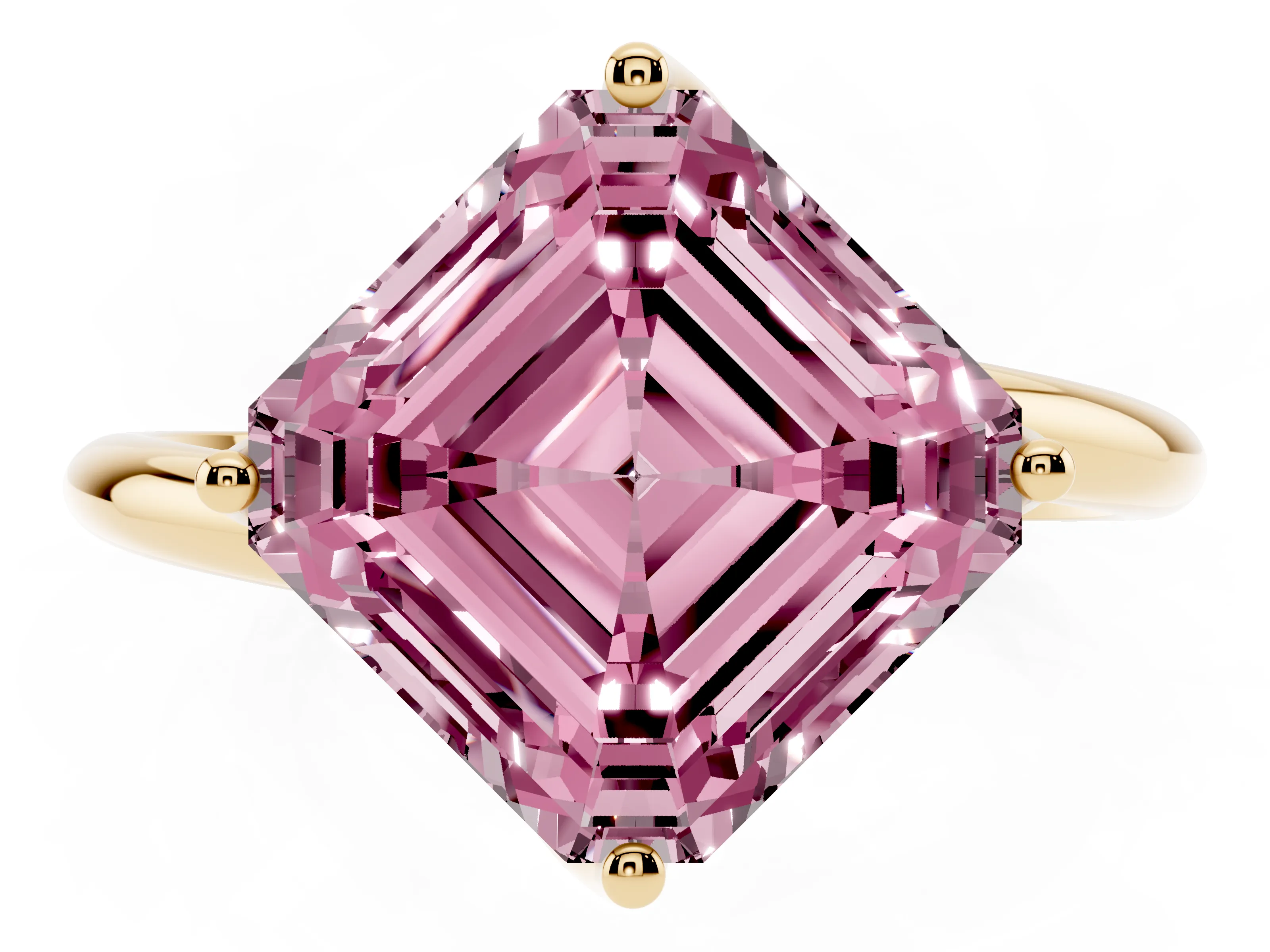 Fancy Pink Asscher Cut Diamond Solitaire Engagement Ring Set in Yellow gold with Classic Plain Band
