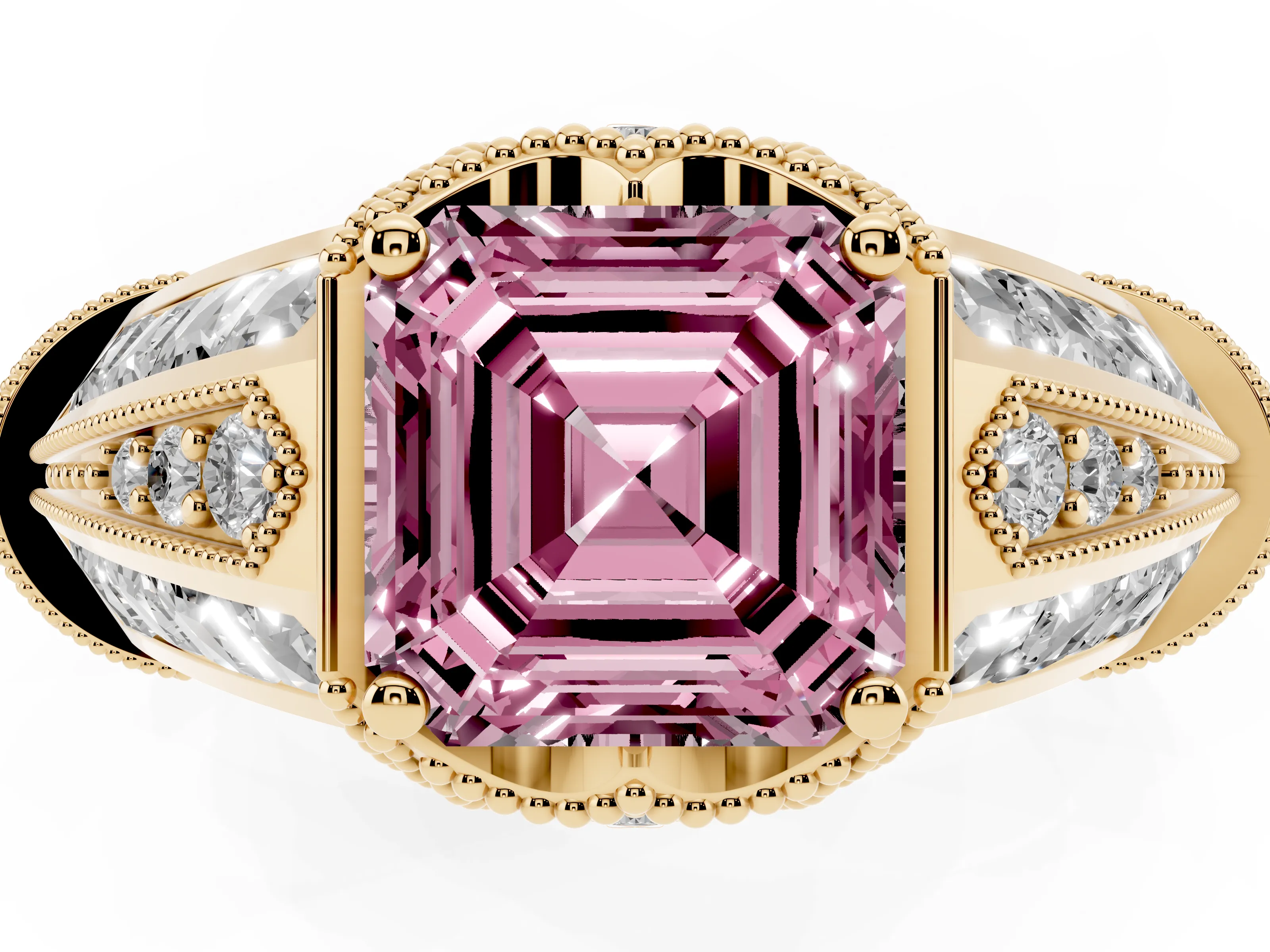 Fancy Pink Asscher Cut Diamond Vintage-Inspired Milgrain Ring Set in Yellow gold with Accent Split Shank