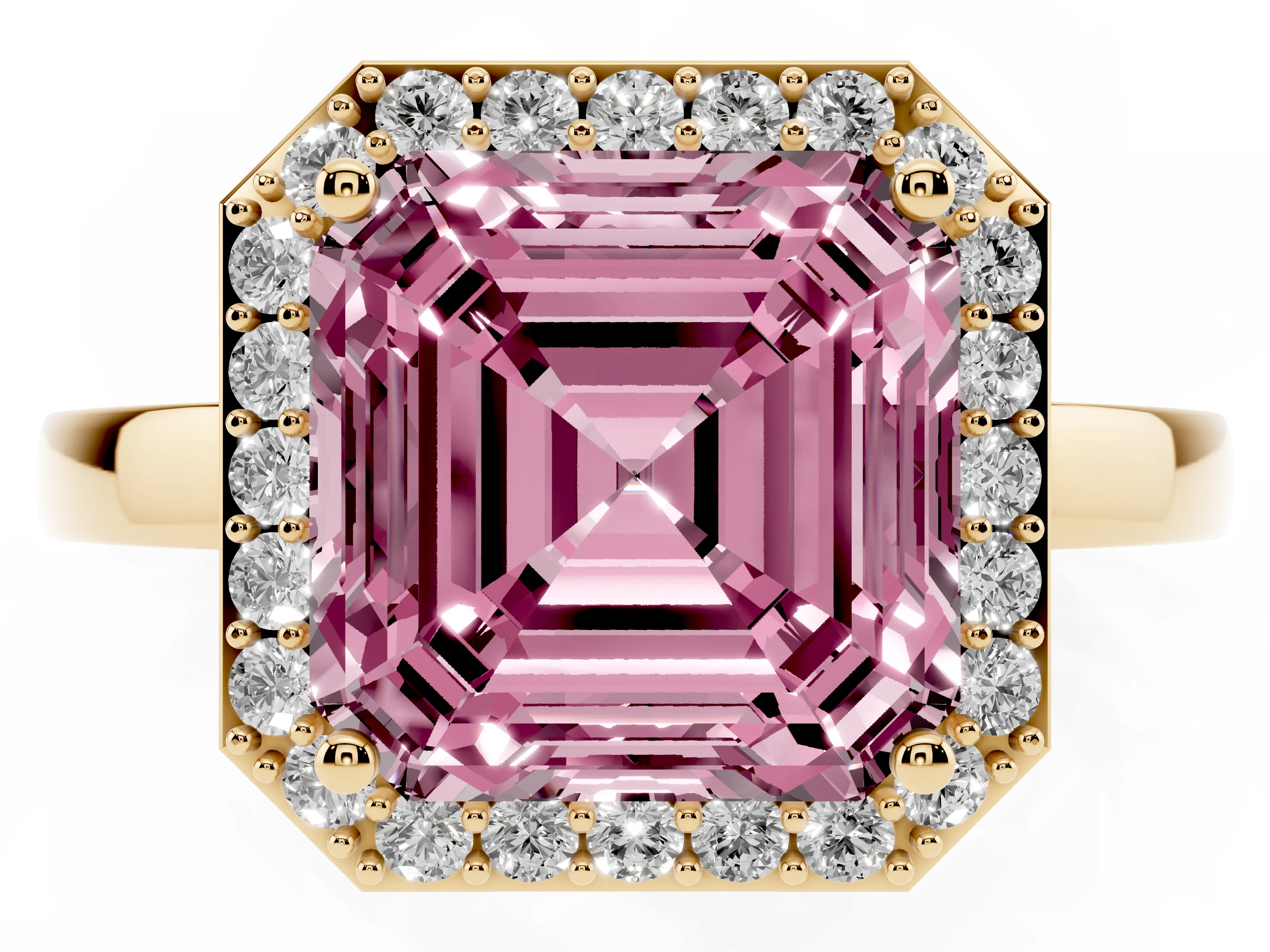 Fancy Pink Asscher Cut Diamond Halo Ring Set in Yellow gold with Solitaire Band and Prong Setting
