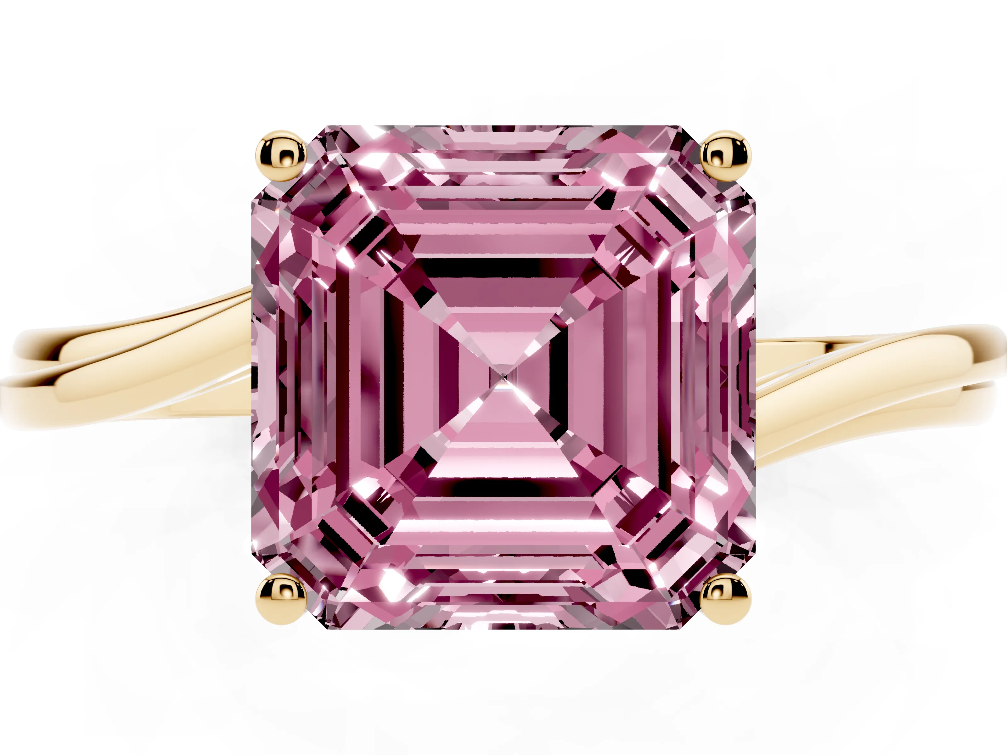 Fancy Pink Asscher Cut Diamond Solitaire Twist Band Ring Set in Yellow gold with Prong Setting