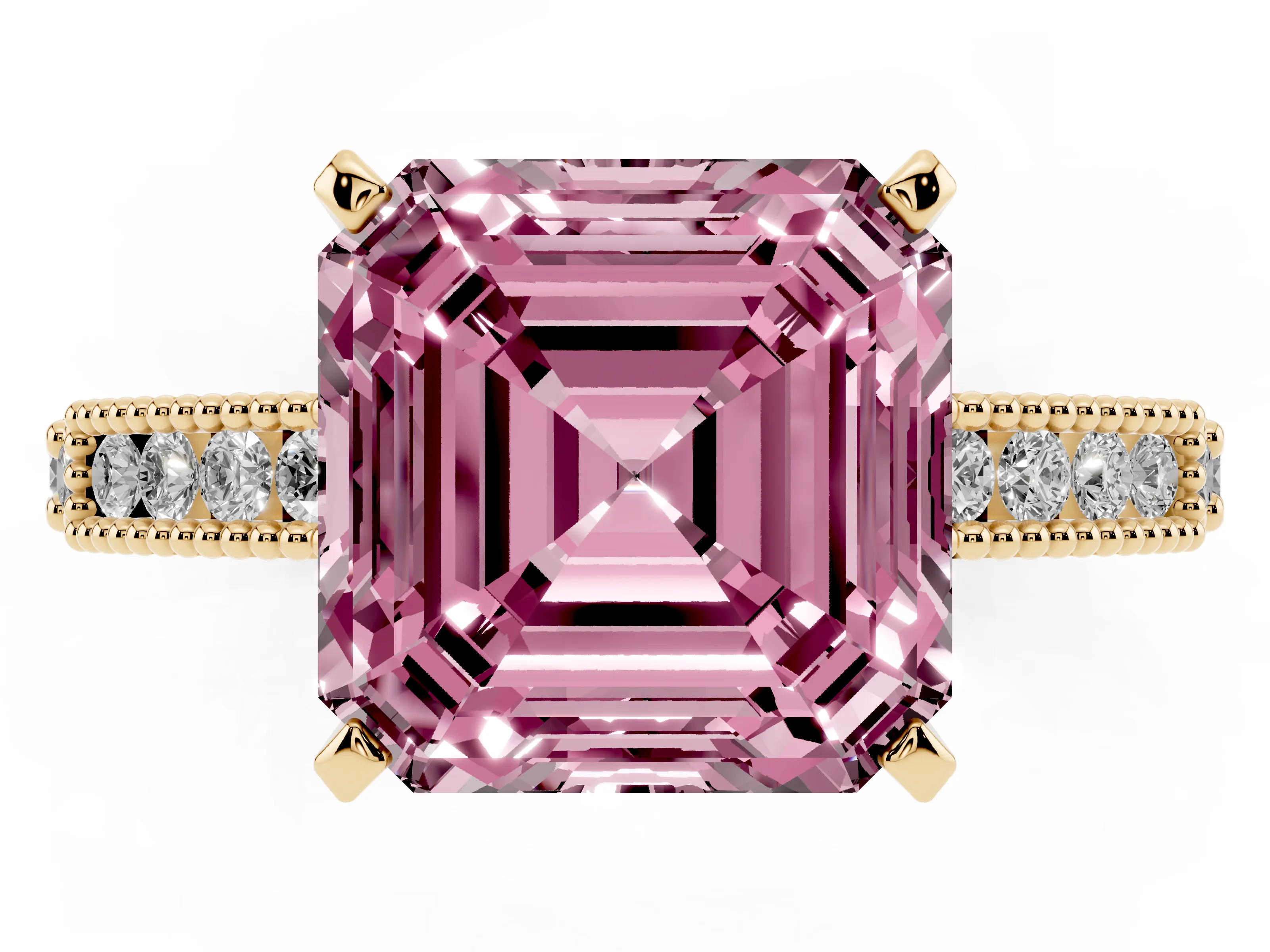 Fancy Pink Asscher Cut Diamond Solitaire Ring Set in Yellow gold with Slim Pavé Band and Prong Setting