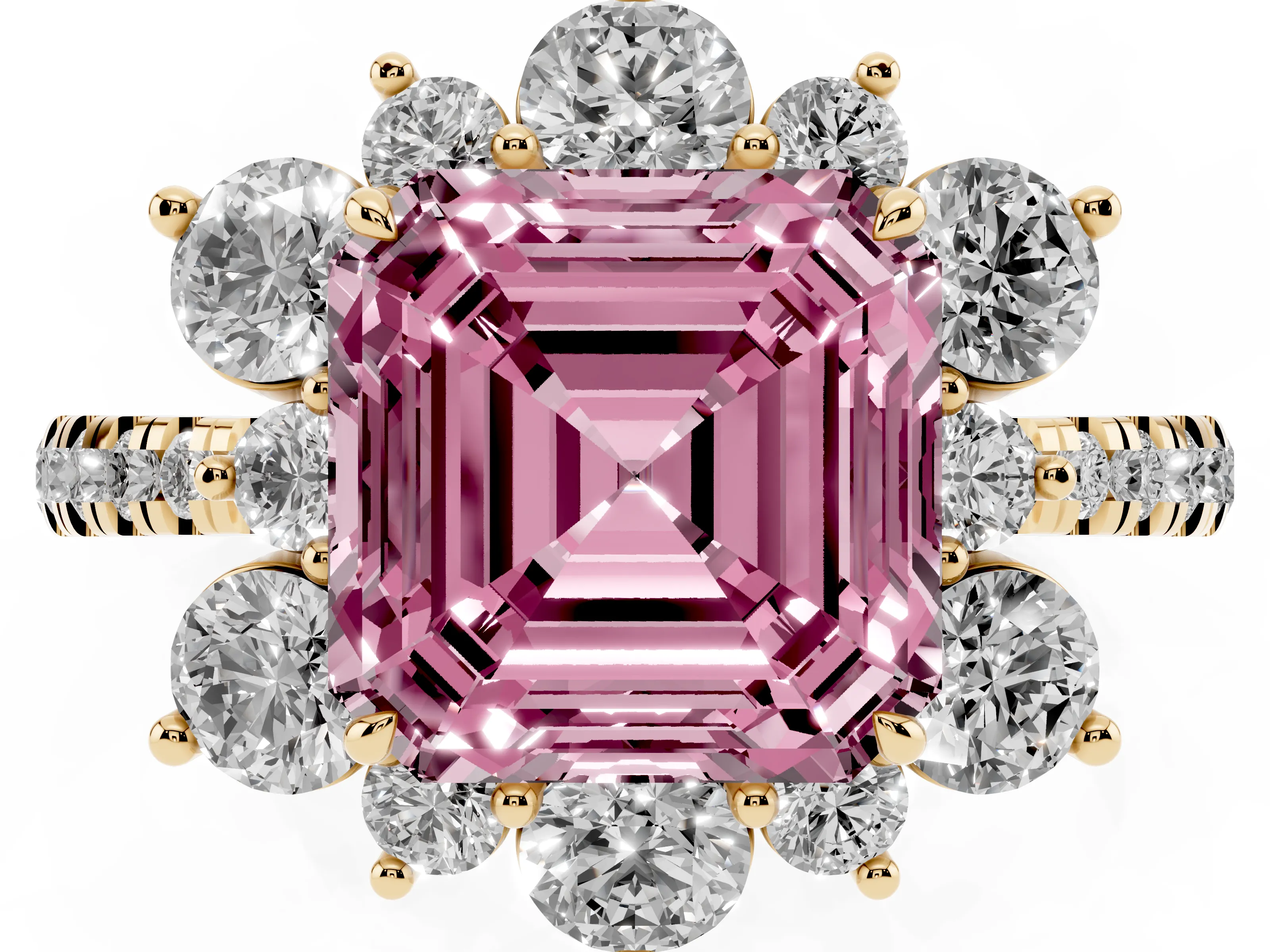 Fancy Pink Asscher Cut Diamond Floral Halo Ring Set in Yellow gold with Round Pavé Band and Prong Setting