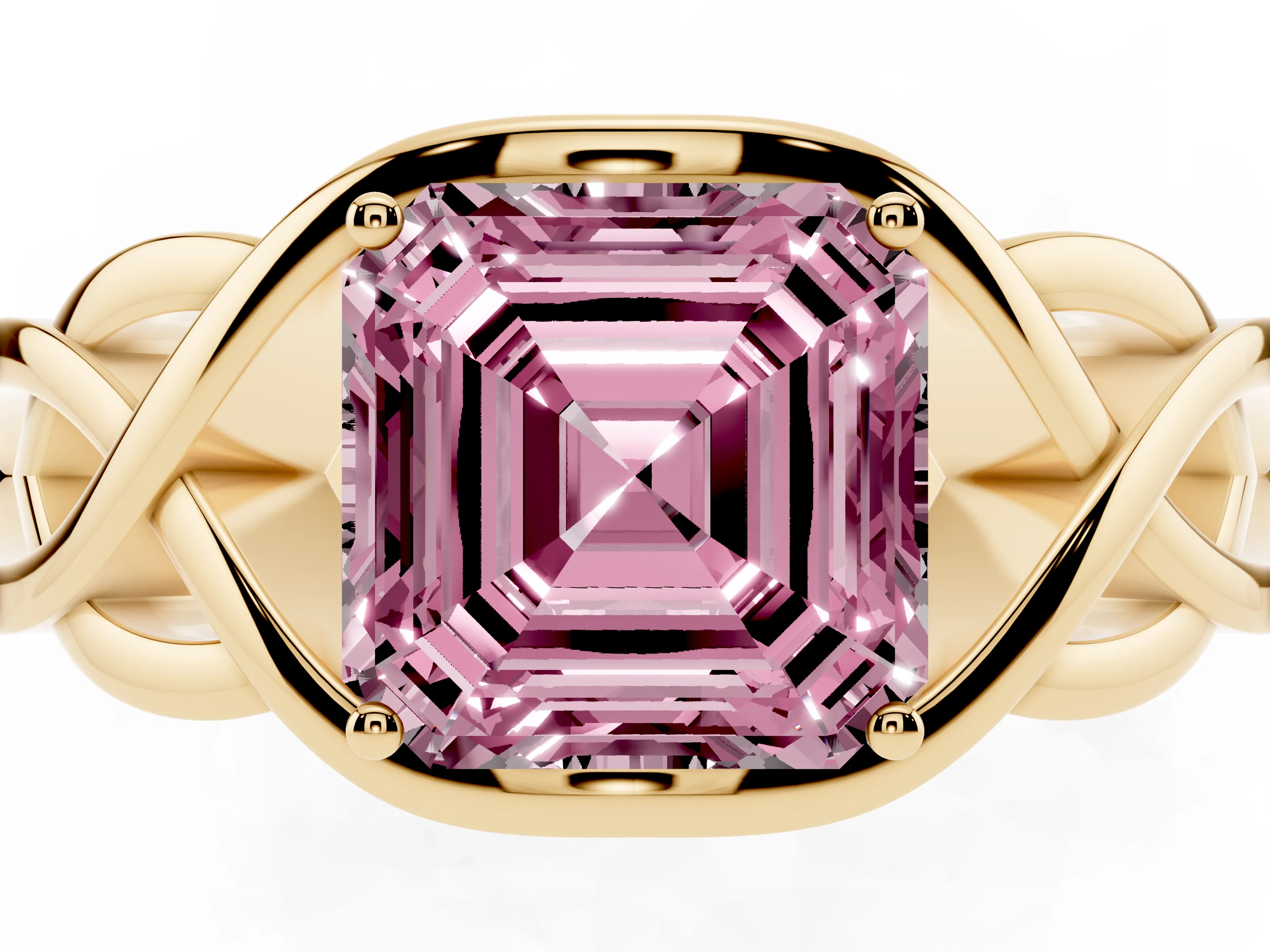 Fancy Pink Asscher Cut Diamond Solitaire Ring Set in Yellow gold with Intertwined Band