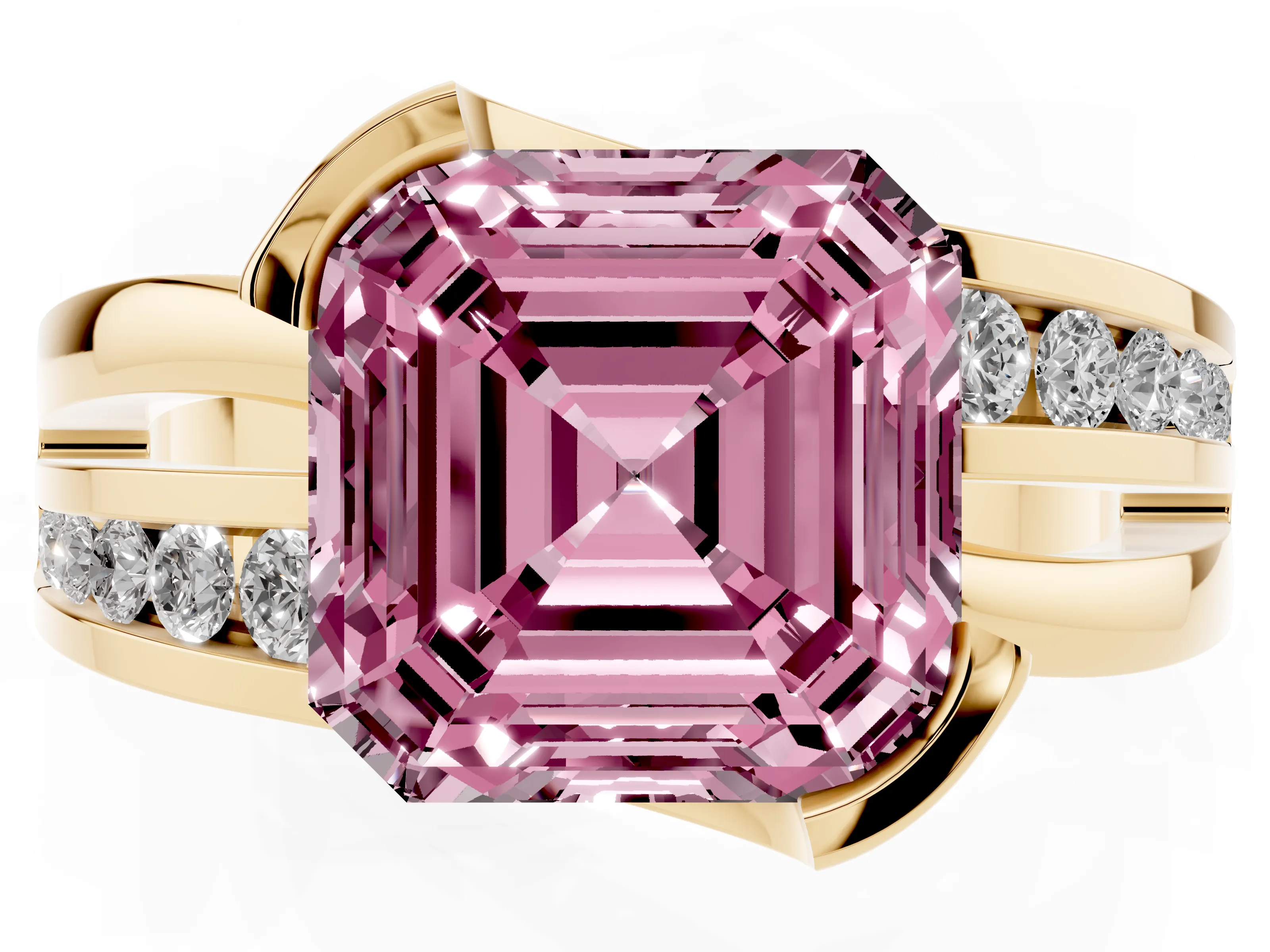 Fancy Pink Asscher Cut Diamond Solitaire Ring Set in Yellow gold with Channel Set Split Shank and Tension Prongs