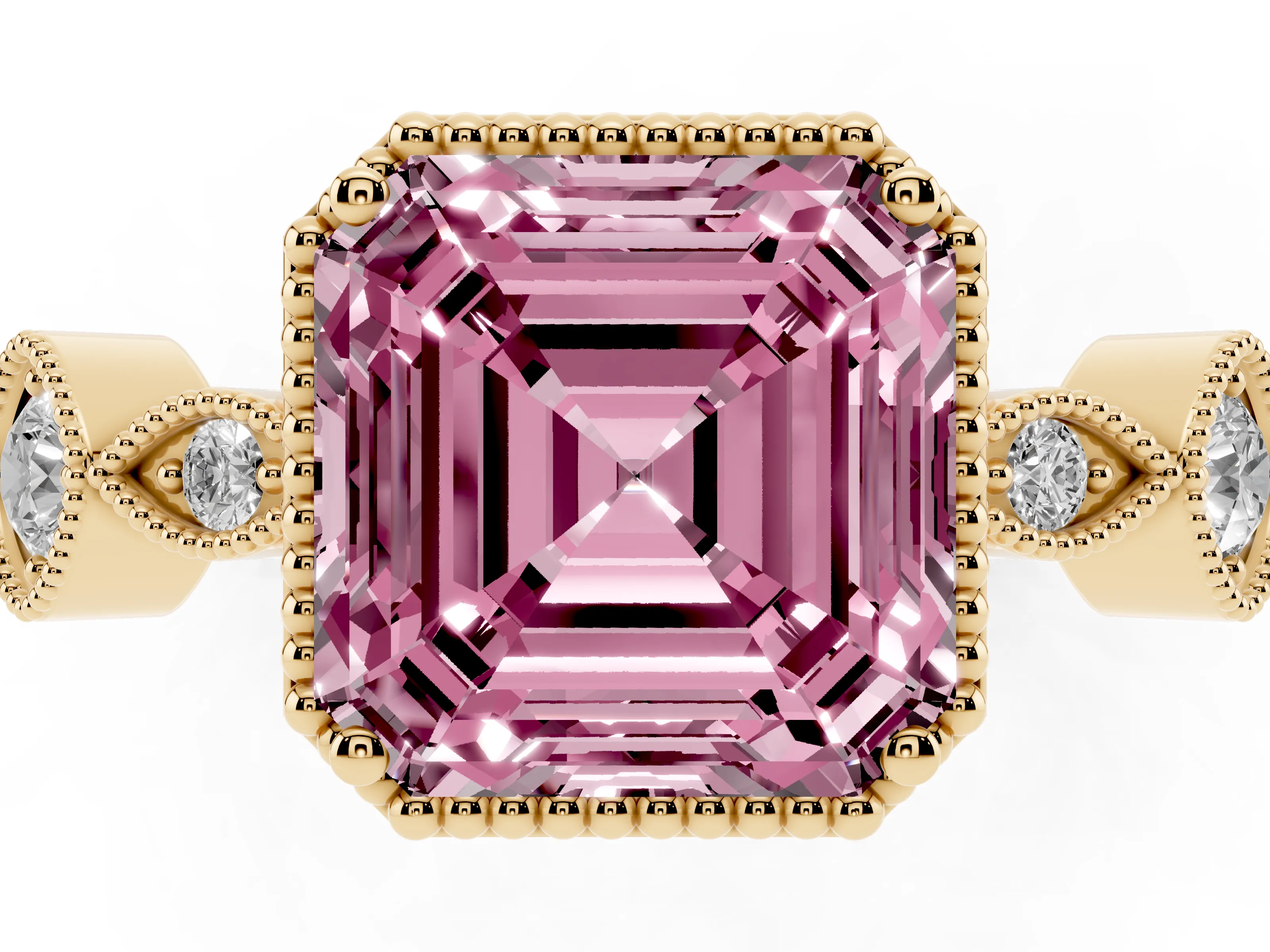 Fancy Pink Asscher Cut Diamond Vintage-Inspired Milgrain Ring Set in Yellow gold with Marquise Stations of Round Accents