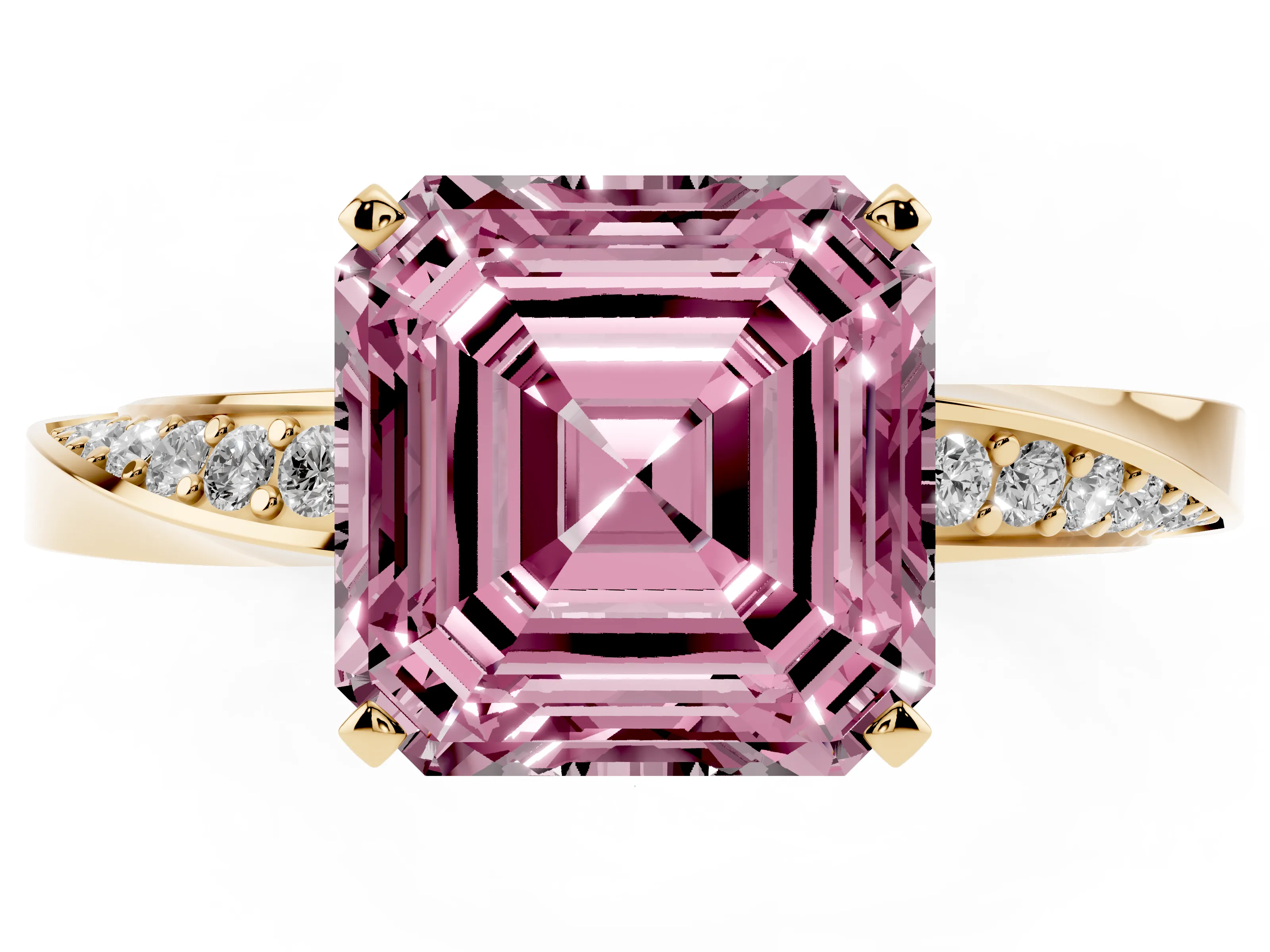 Fancy Pink Asscher Cut Diamond Engagement Ring Set in Yellow gold with Side Stone Accents and Prong Setting