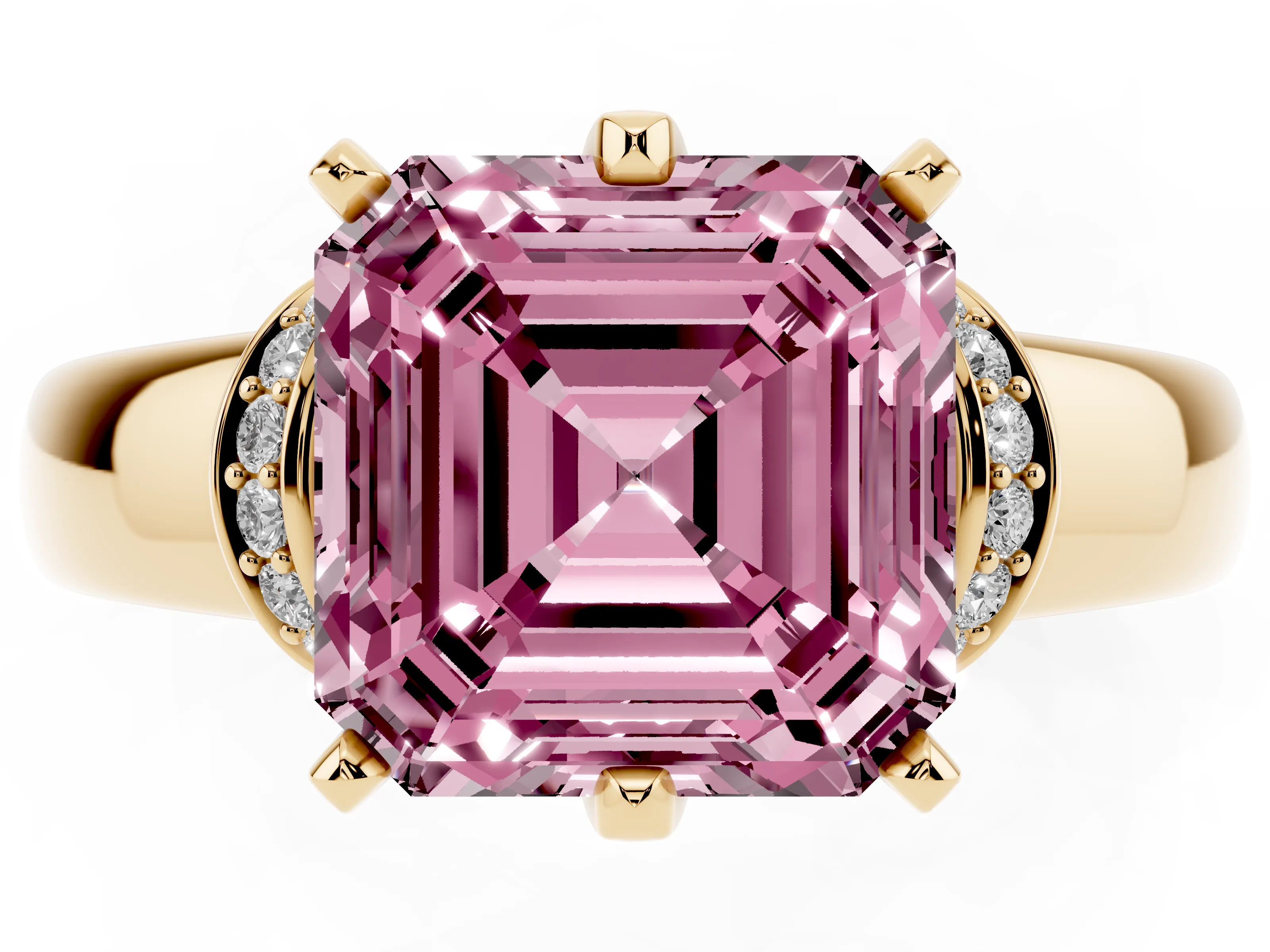 Fancy Pink Asscher Cut Diamond Pavé Band Solitaire Ring Set in Yellow gold with Prong Setting