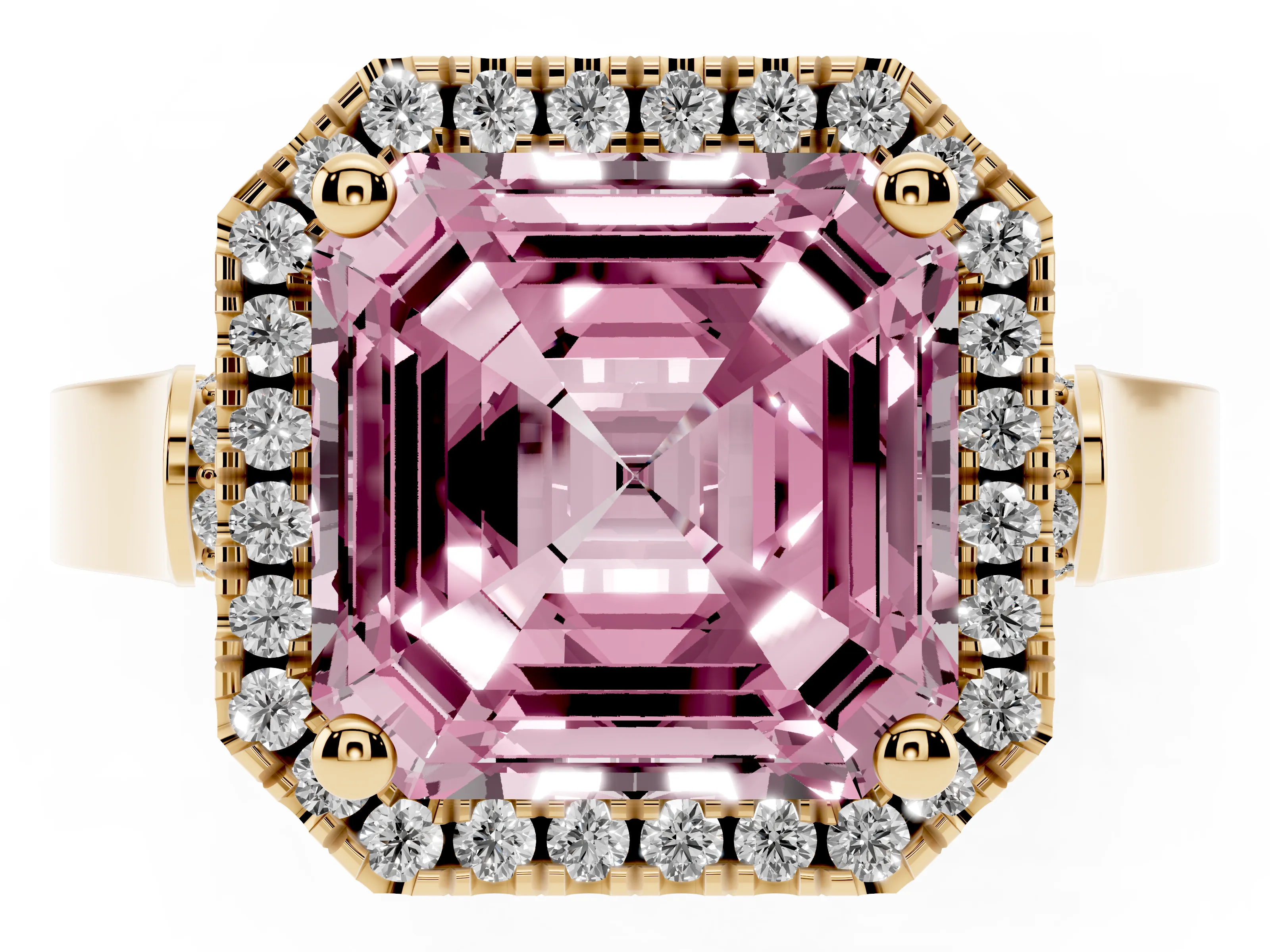 Fancy Pink Asscher Cut Diamond Halo Ring Set in Yellow gold with Pavé-Lined Split Shank Band