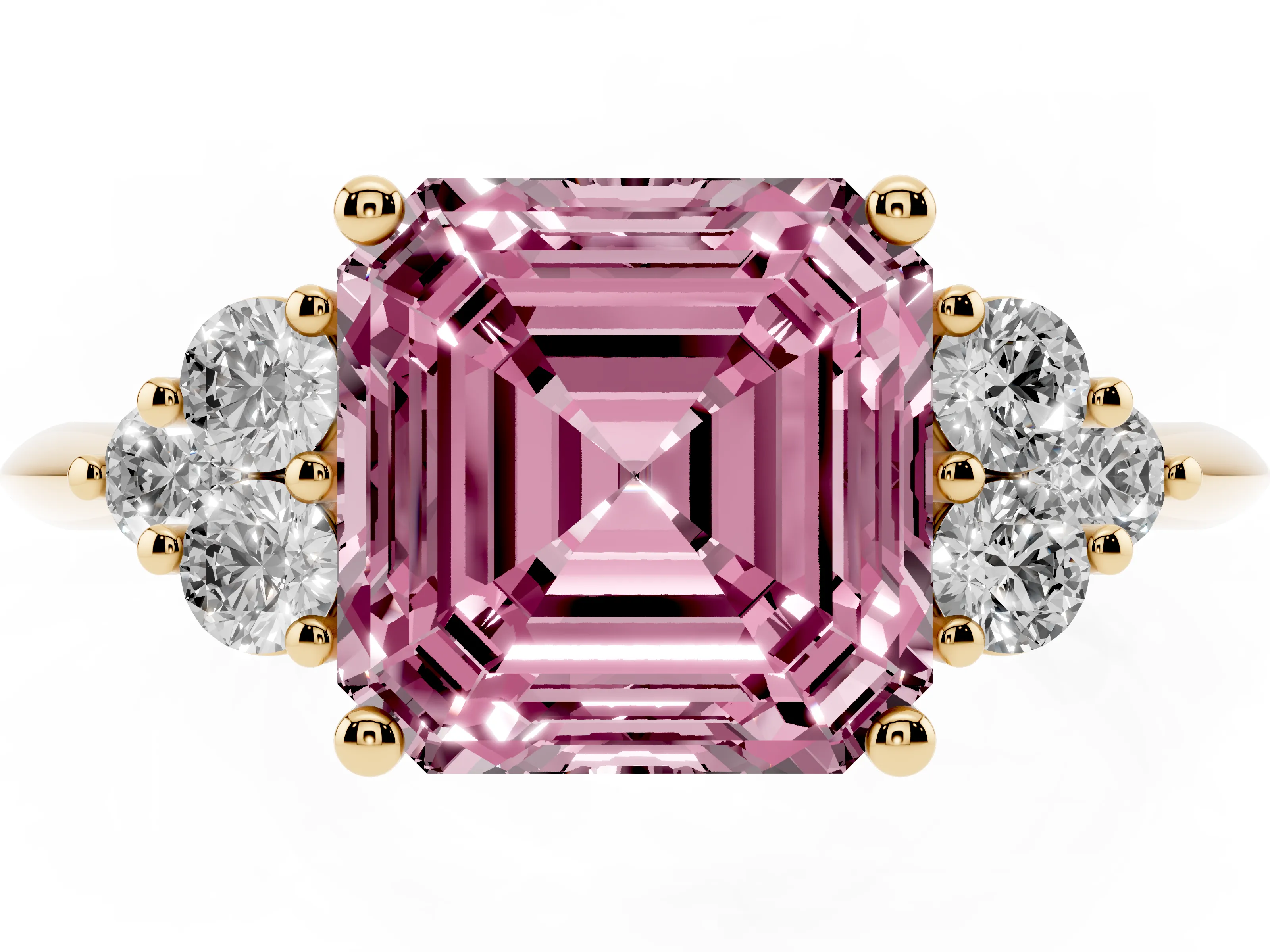 Fancy Pink Asscher Cut Diamond Cluster Ring Set in Yellow gold with Plain Band and Prong Setting