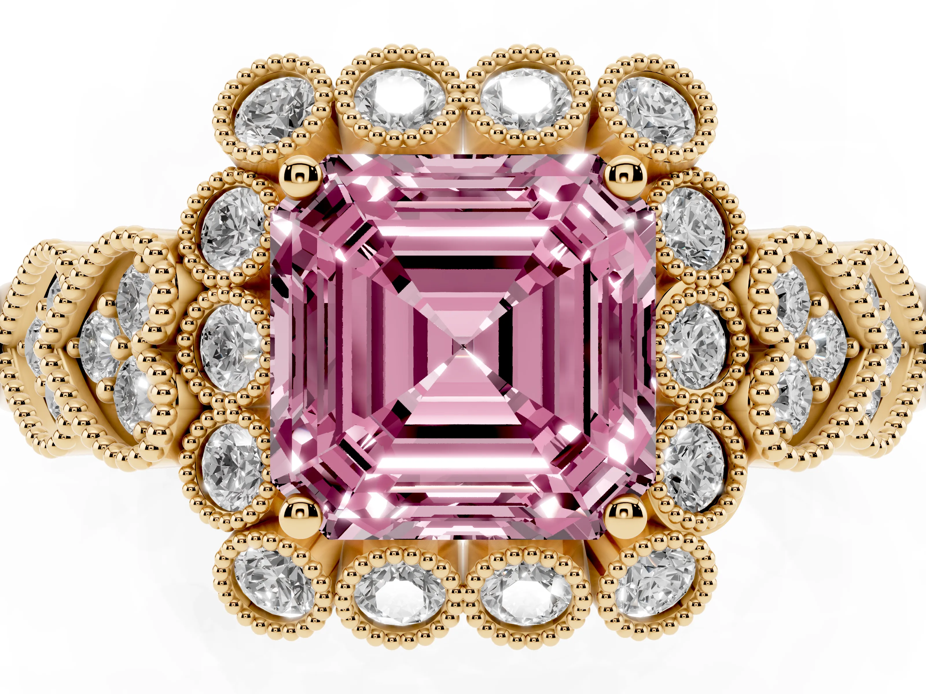 Fancy Pink Asscher Cut Diamond Solitaire Ring Set in Yellow gold with Milgrain Pavé Heart Band