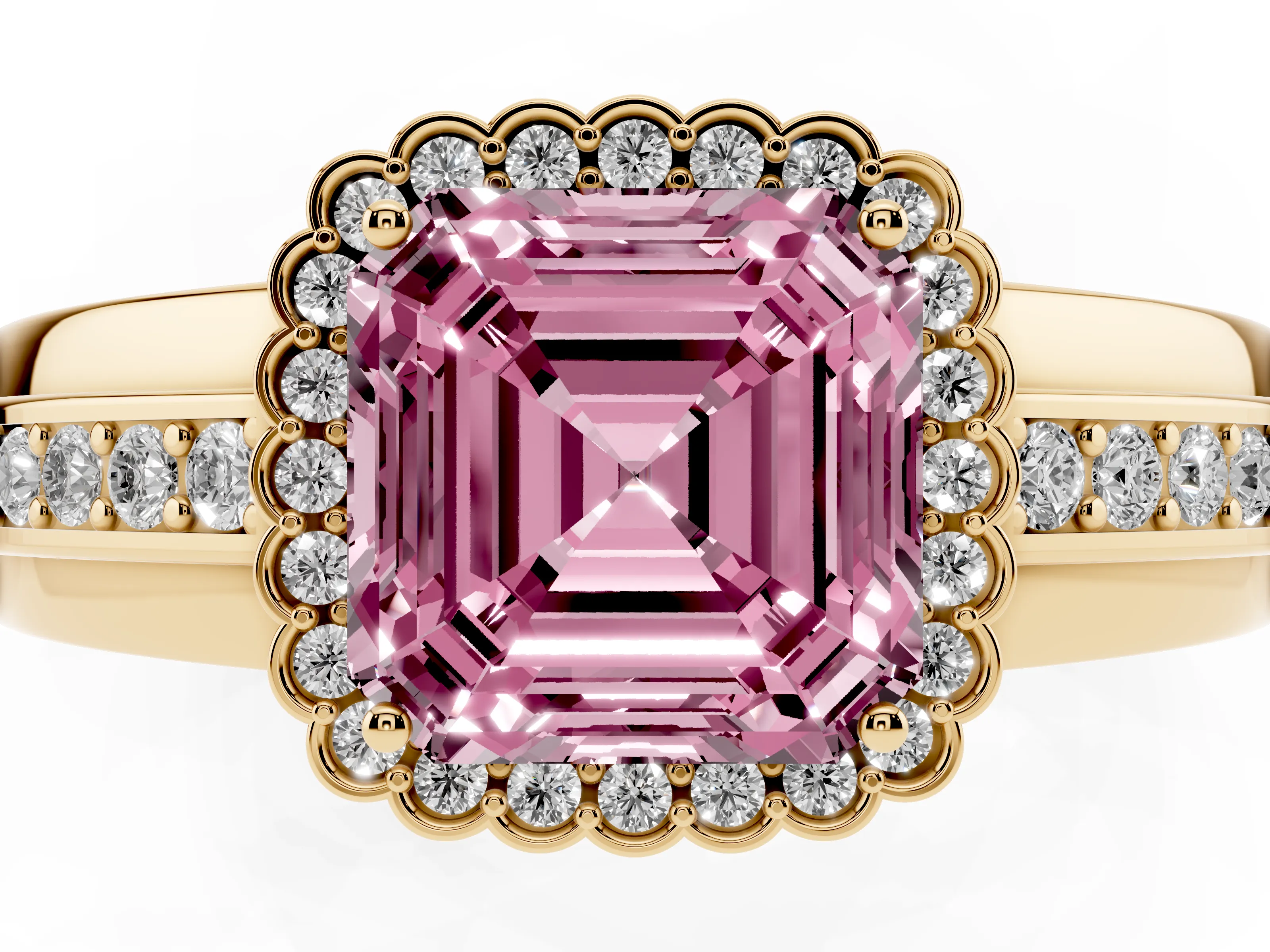 Fancy Pink Asscher Cut Diamond Halo Prong Ring Set in Yellow gold with Pavé Band