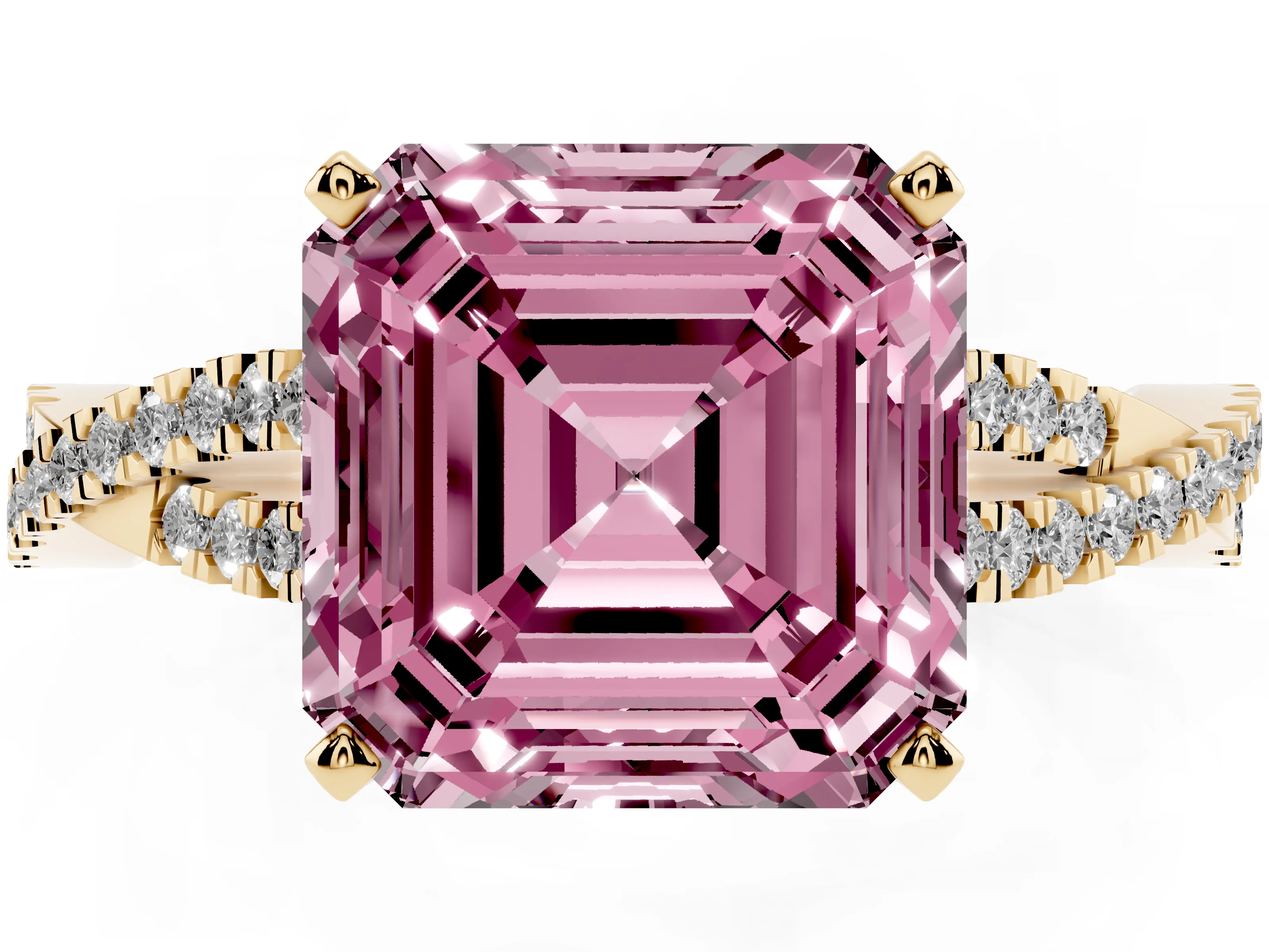 Fancy Pink Asscher Cut Diamond Solitaire Engagement Ring Set in Yellow gold with Twisted Pavé Band and Prong Setting