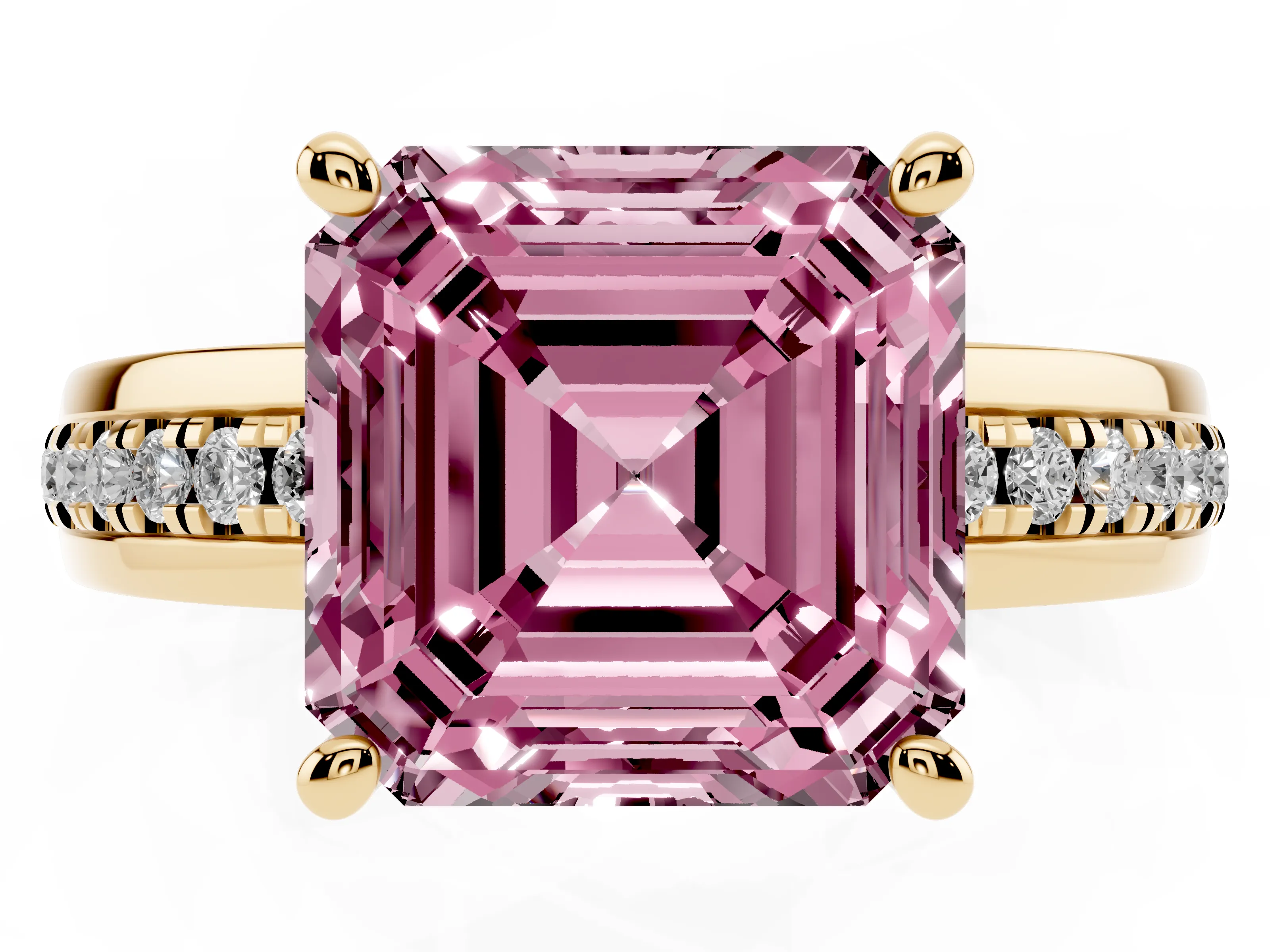 Fancy Pink Asscher Cut Diamond Solitaire Ring Set in Yellow gold with Channel Set Band and Prong Setting