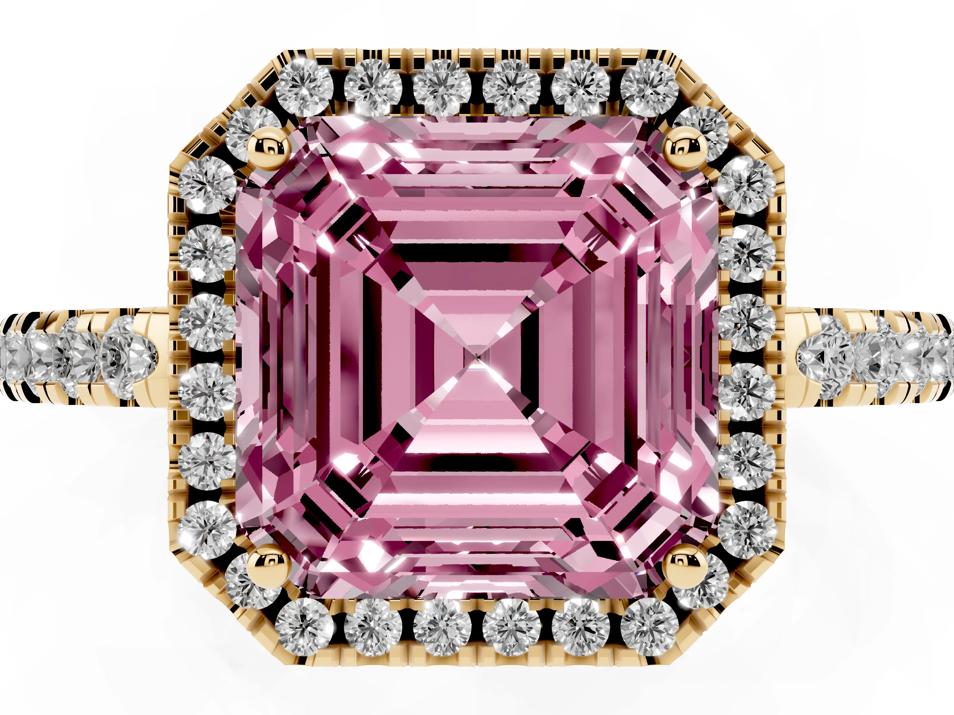 Fancy Pink Asscher Cut Diamond Pavé Band Halo Engagement Ring Set in Yellow gold with Prong Setting