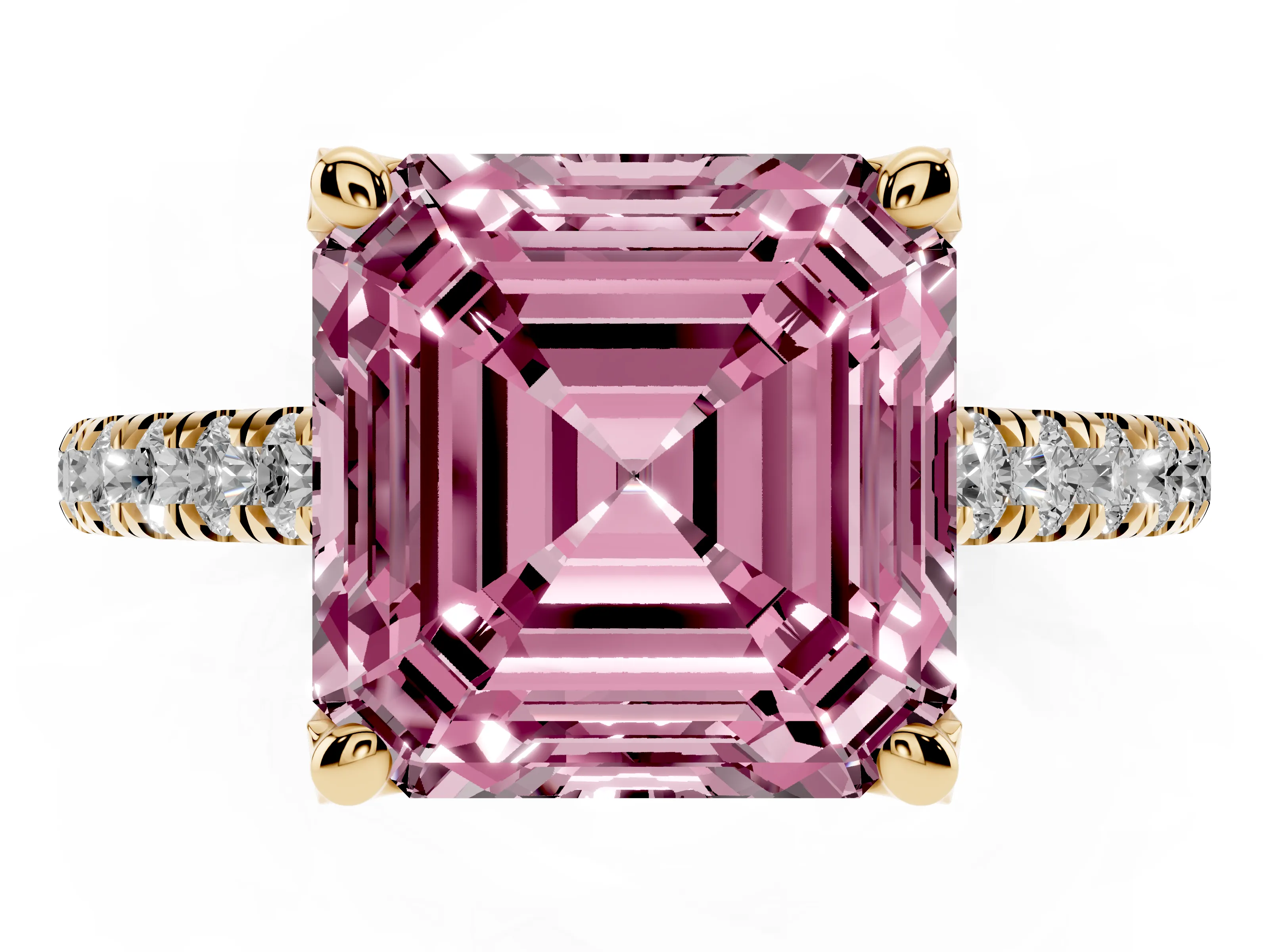 Fancy Pink Asscher Cut Diamond Solitaire Ring Set in Yellow gold with Brilliant Pavé Band and Prong Setting