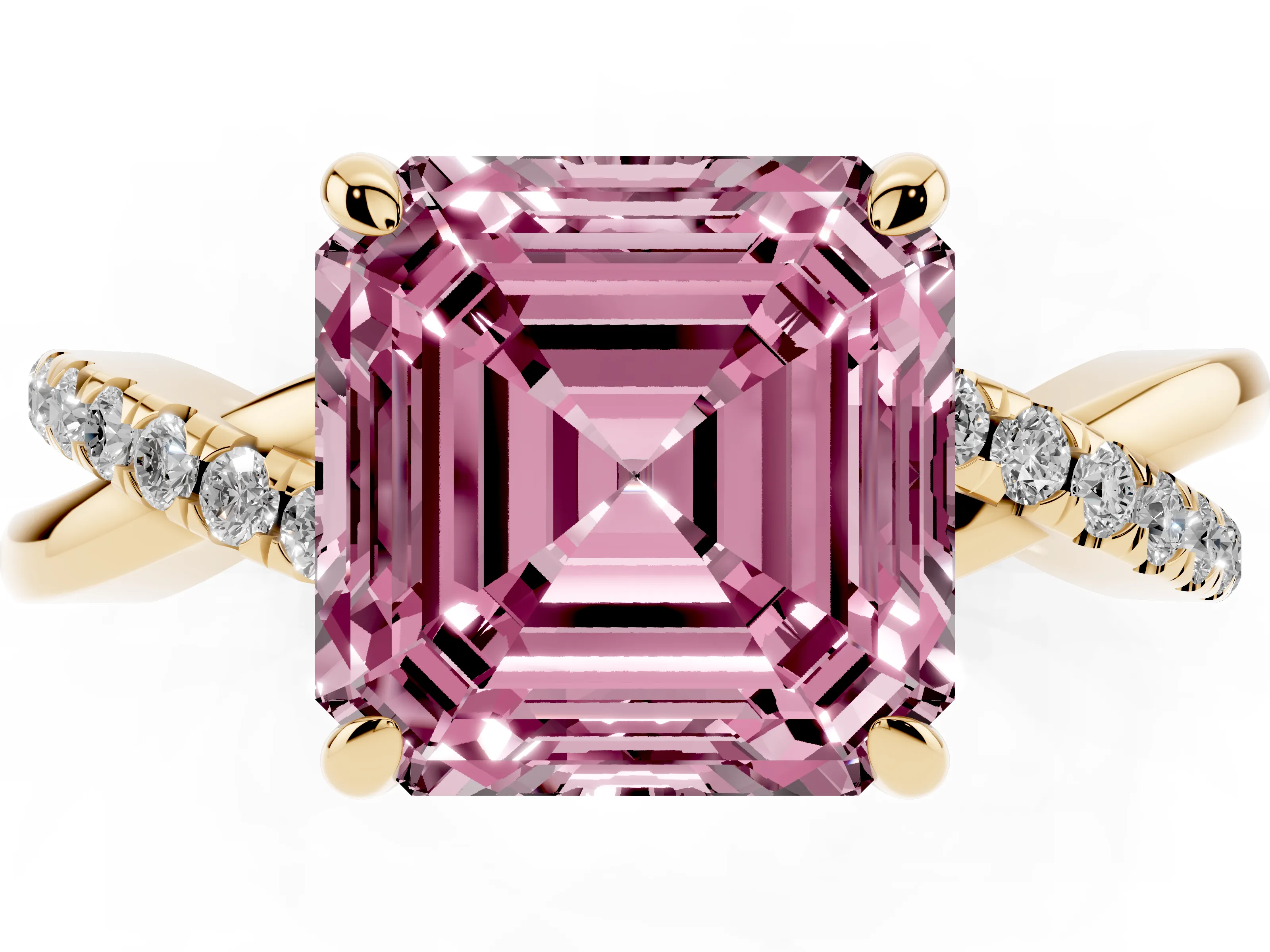 Fancy Pink Asscher Cut Diamond Twist Band Pavé Solitaire Ring Set in Yellow gold with Prong Setting