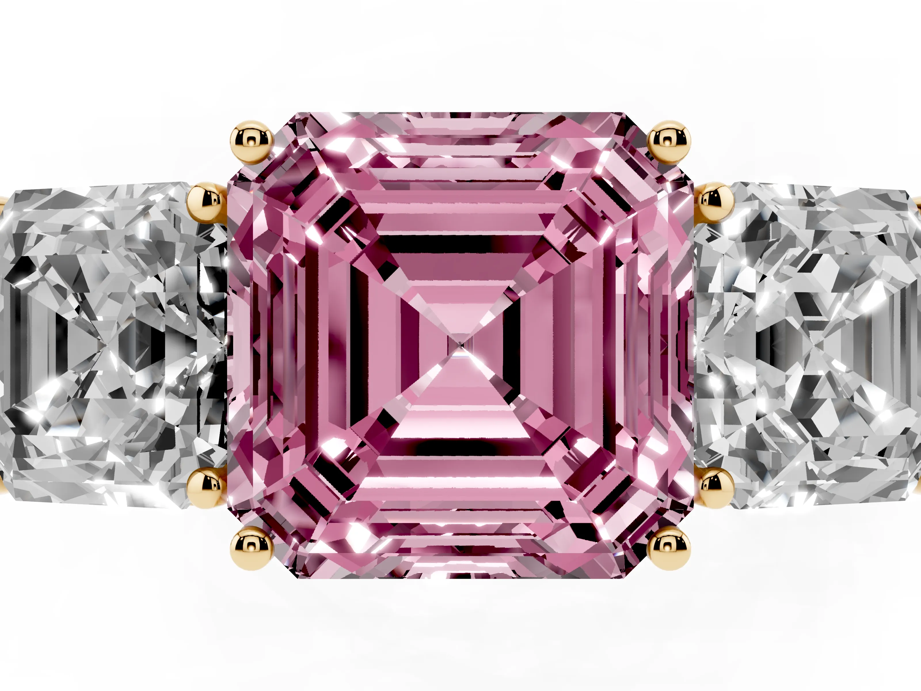 Fancy Pink Asscher Cut Diamond Three-Stone Ring Set in Yellow gold with Textured Band