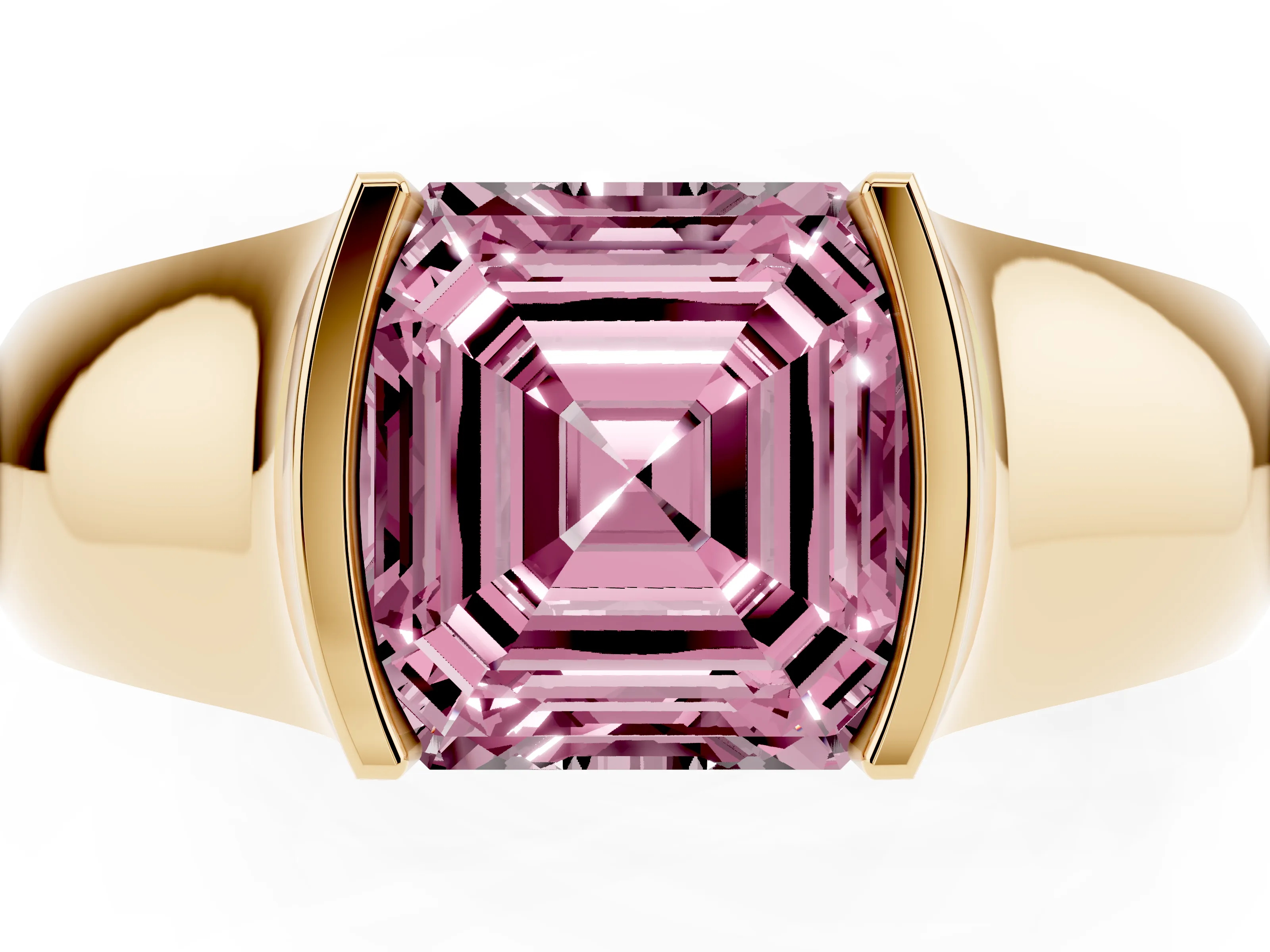 Fancy Pink Asscher Cut Diamond Bezel Solitaire Ring Set in Yellow gold with Wide Band