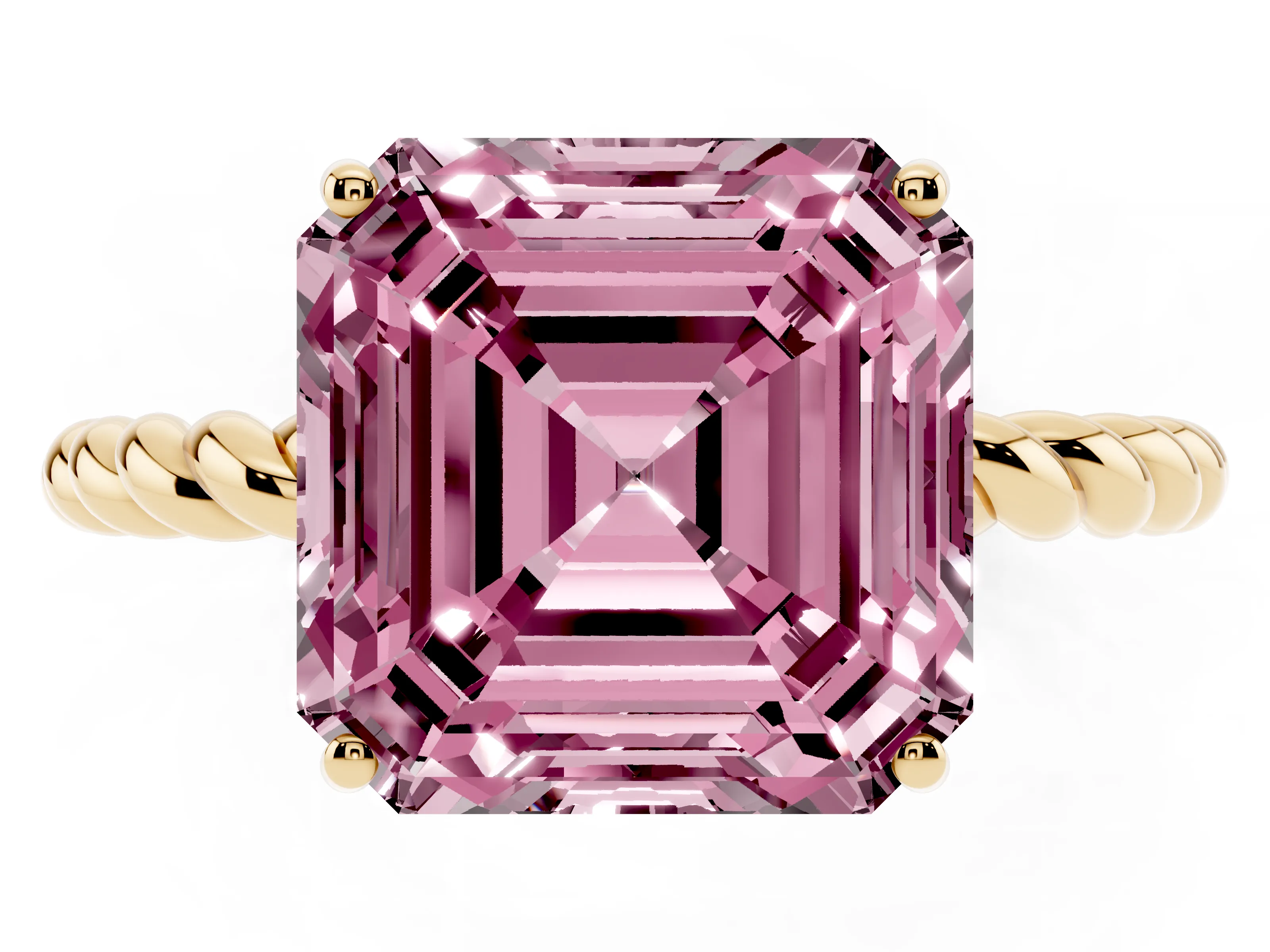 Fancy Pink Asscher Cut Diamond Solitaire Ring Set in Yellow gold with Twist Band and Prong Setting