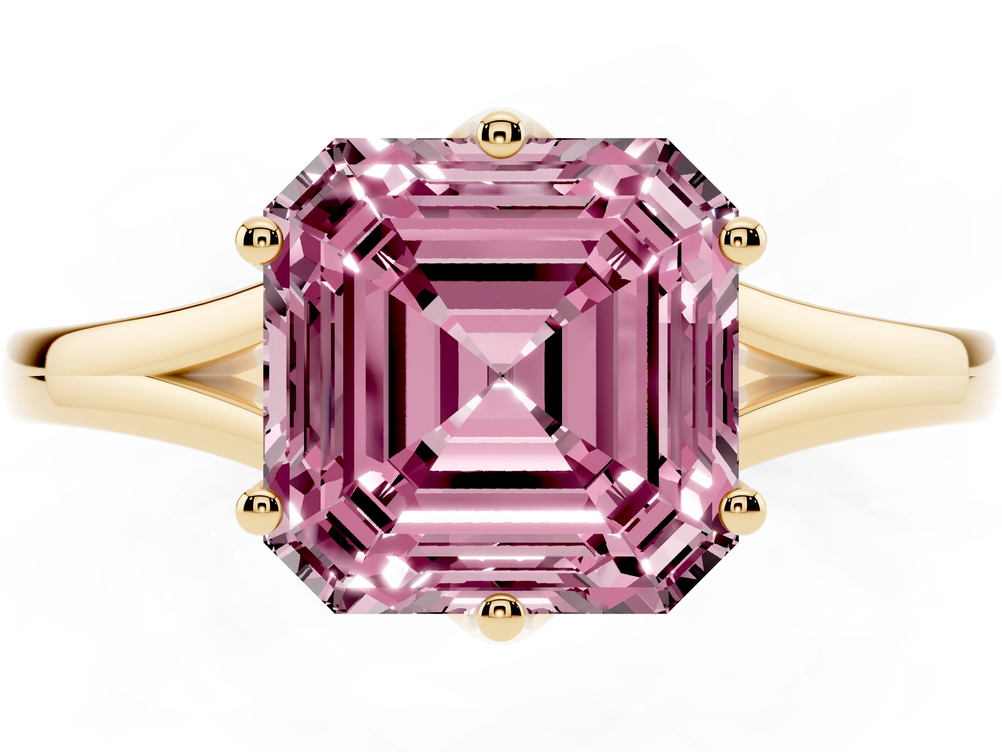 Fancy Pink Asscher Cut Diamond Solitaire Ring Set in Yellow gold with Polished Tapered Band and Prong Setting