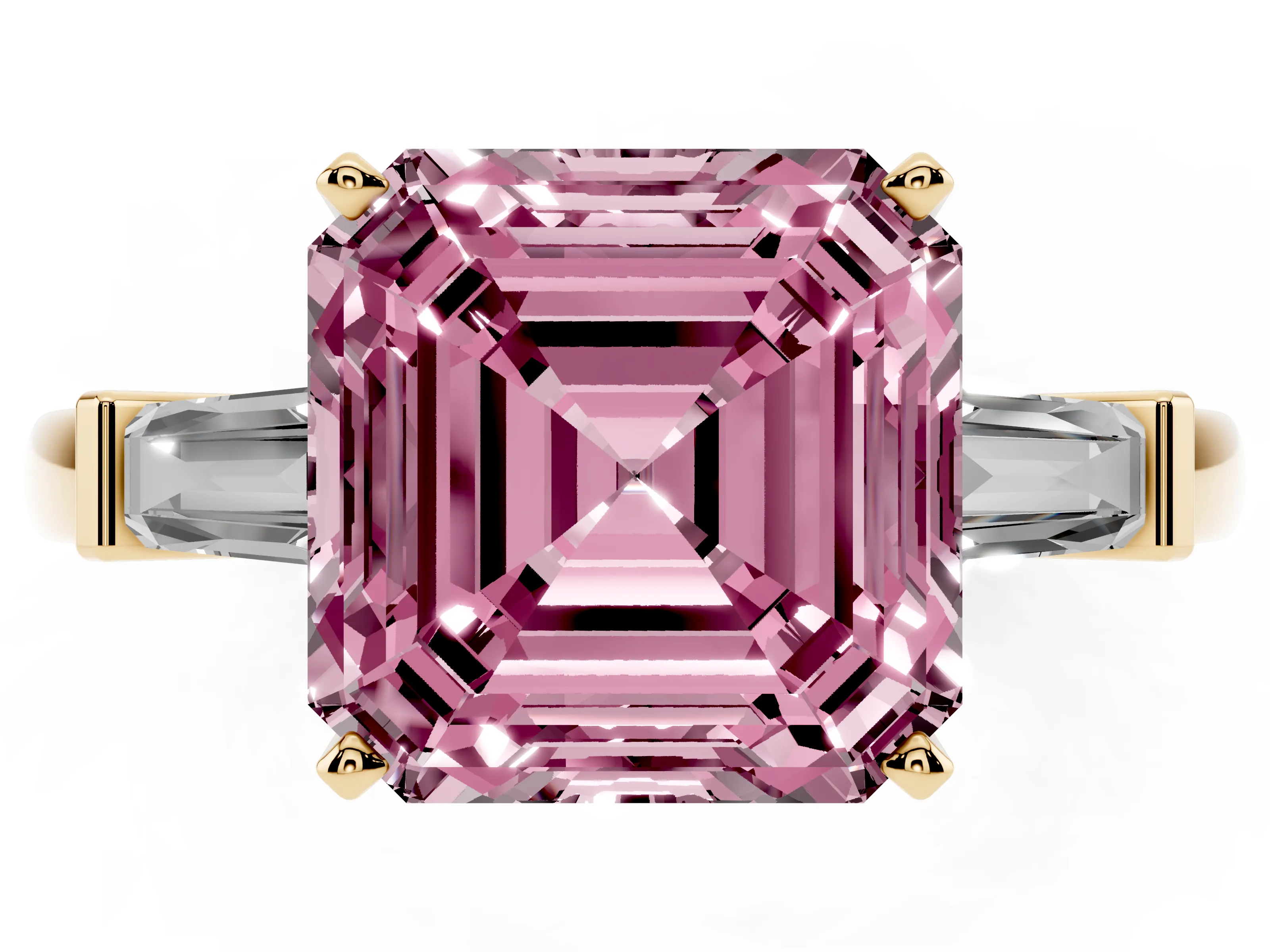 Fancy Pink Asscher Cut Diamond Solitaire Ring Set in Yellow gold with Tapered Baguette Accents and Prong Setting