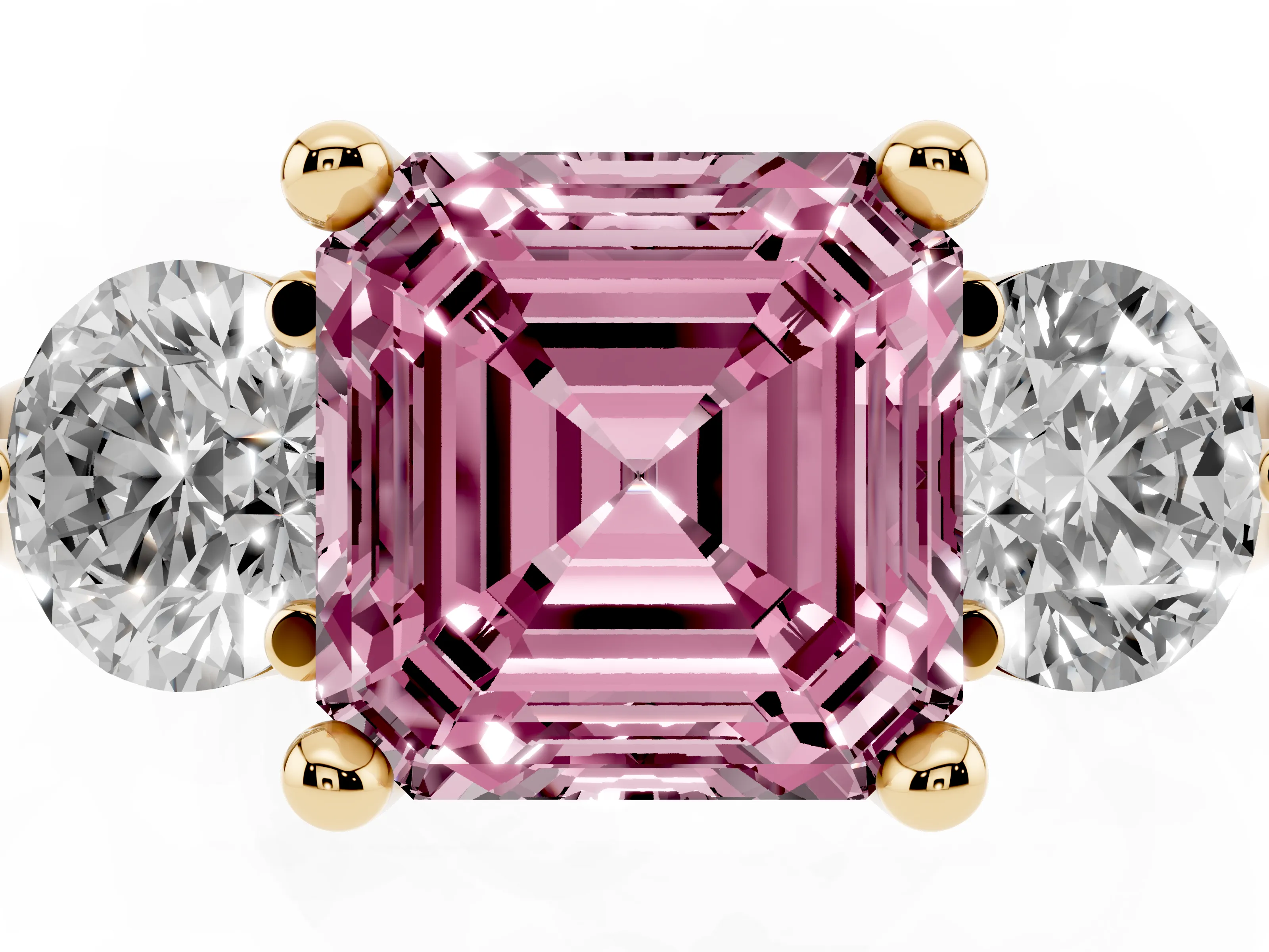 Fancy Pink Asscher Cut Diamond Three-Stone Ring Set in Yellow gold with Prong Setting and Classic Band