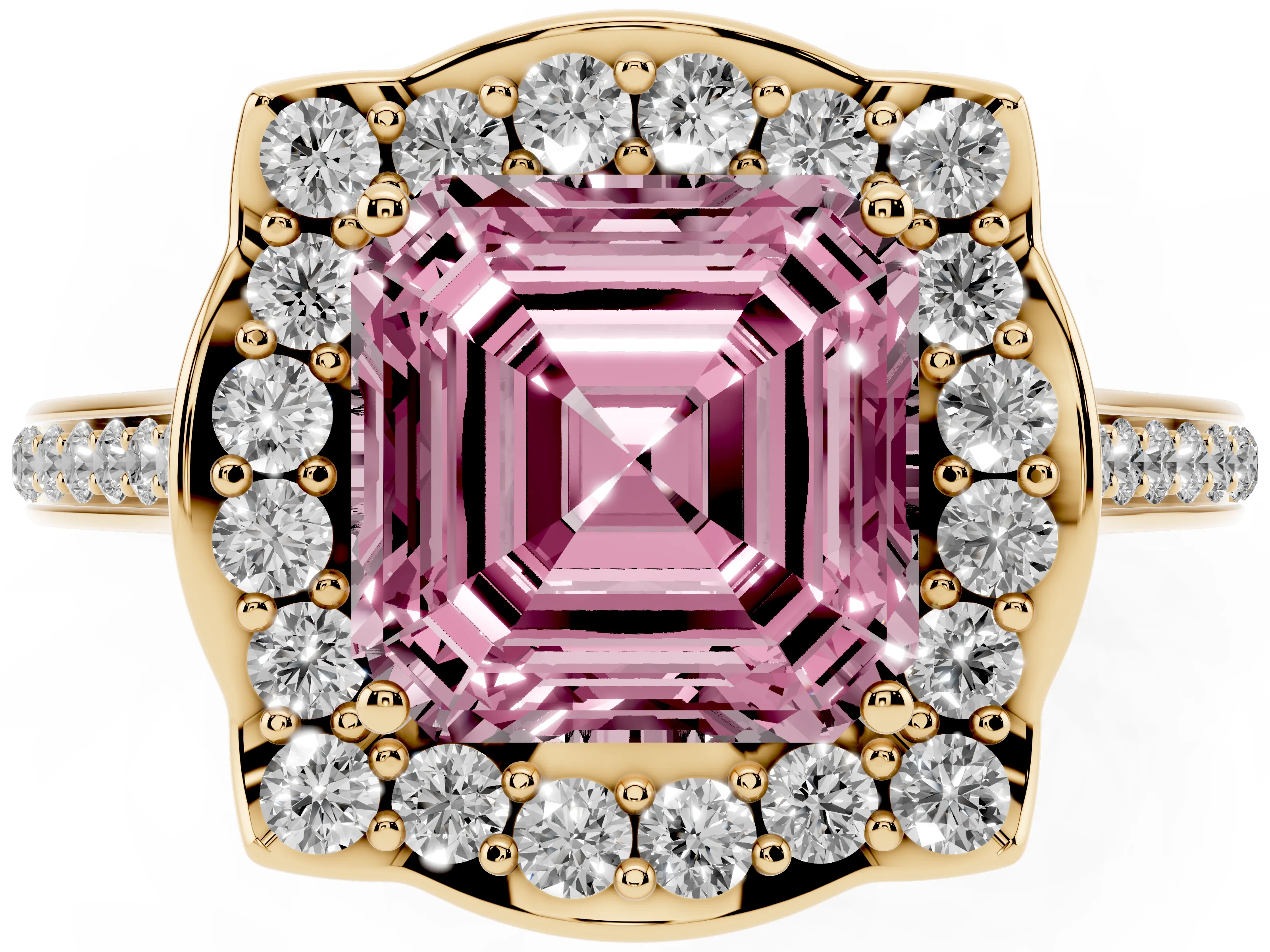 Fancy Pink Asscher Cut Diamond Halo Ring Set in Yellow gold with Pavé-Lined Shoulders and Prong Setting