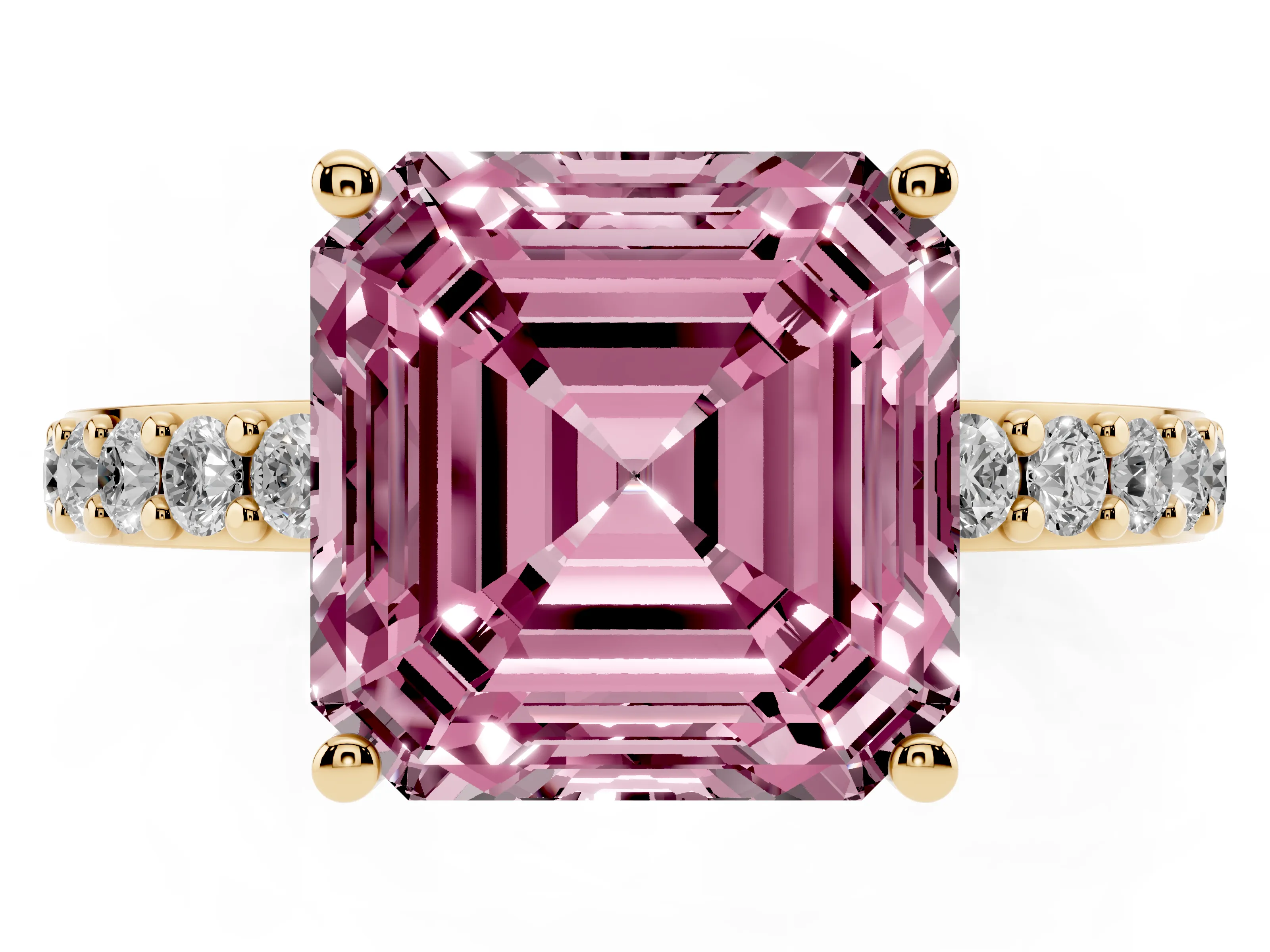 Fancy Pink Asscher Cut Diamond Solitaire Set in Yellow gold with Round Pavé Band and Prong Setting