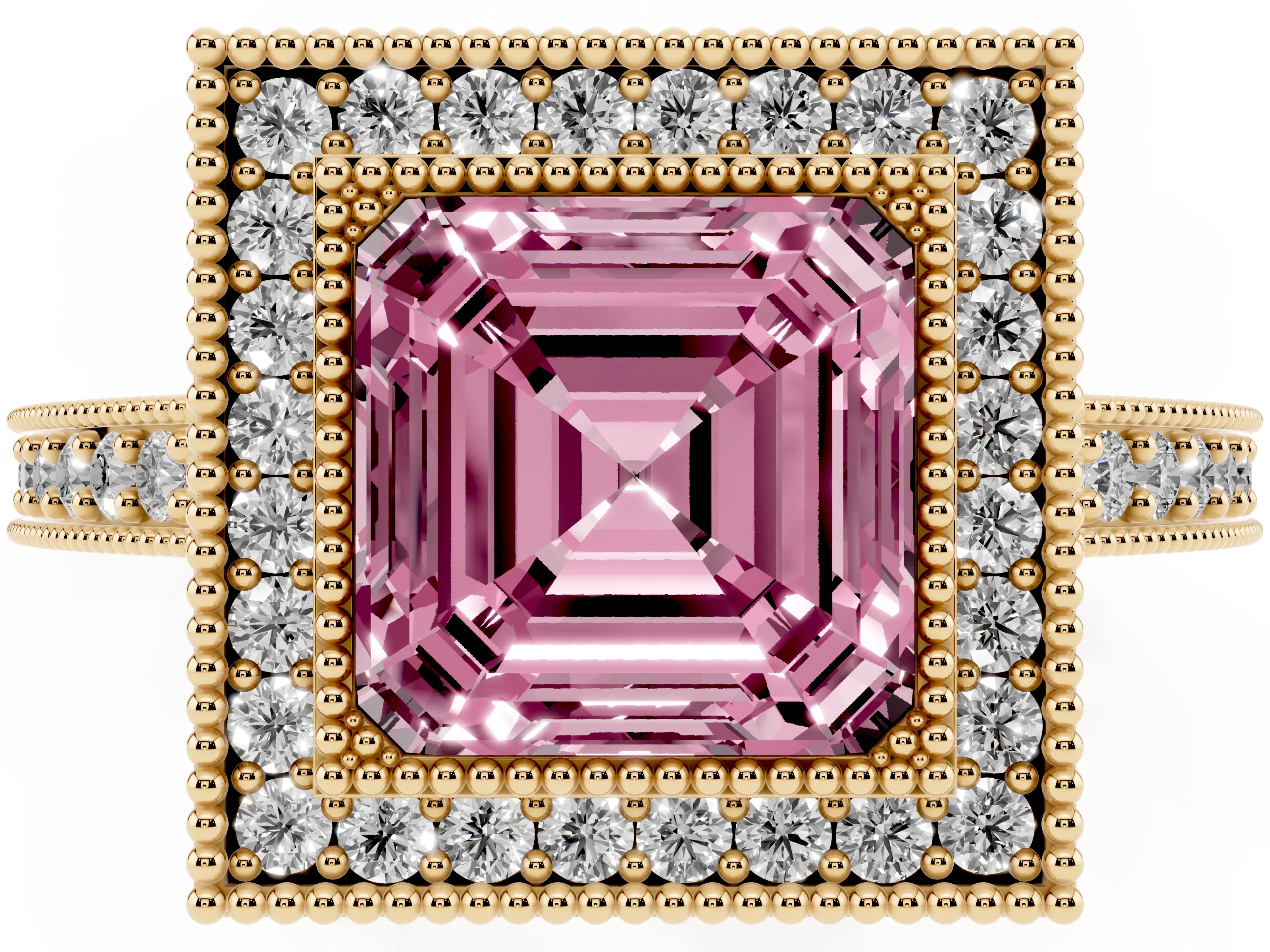 Fancy Pink Asscher Cut Diamond Halo Engagement Ring Set in Yellow gold with Pavé Band and Round Halo Stones