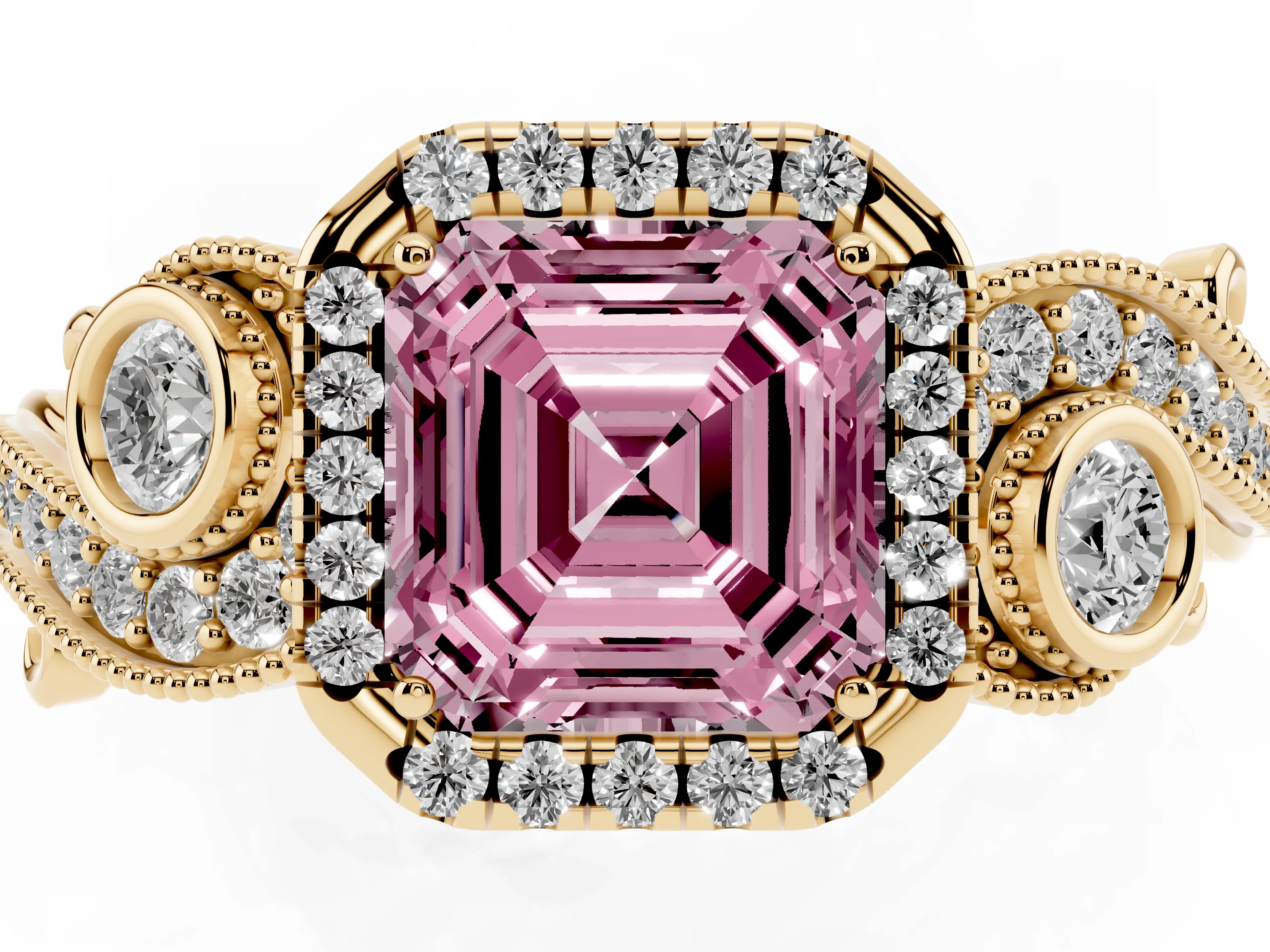 Fancy Pink Asscher Cut Diamond Halo Ring Set in Yellow gold with Milgrain Pavé Band and Prong Setting