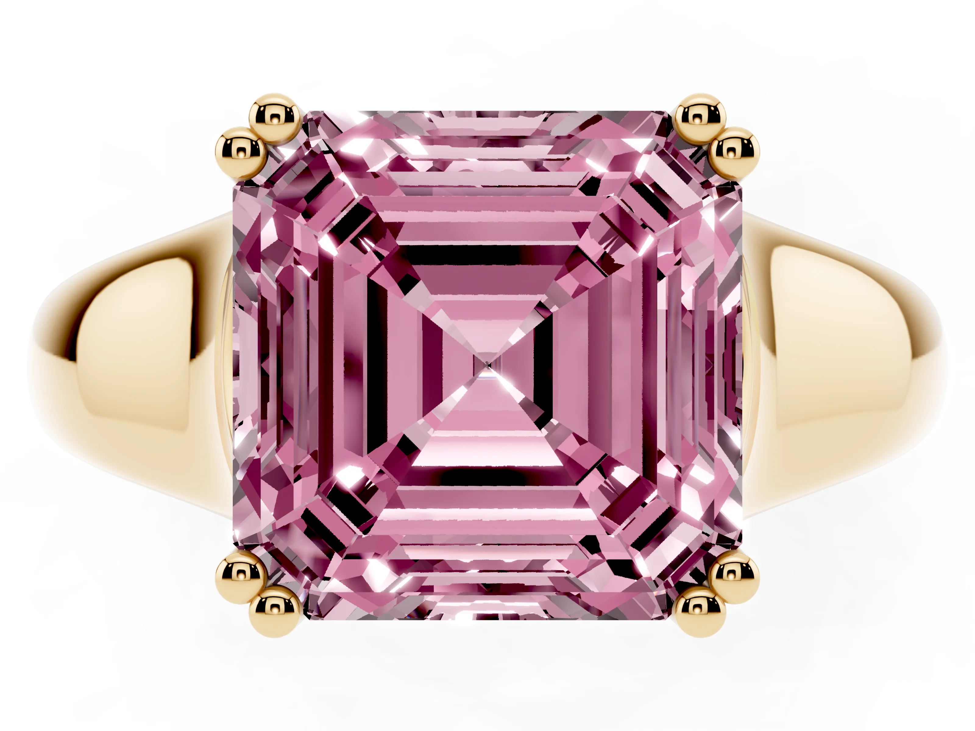 Fancy Pink Asscher Cut Diamond Solitaire Ring Set in Yellow gold with Wide Band and Prong Setting