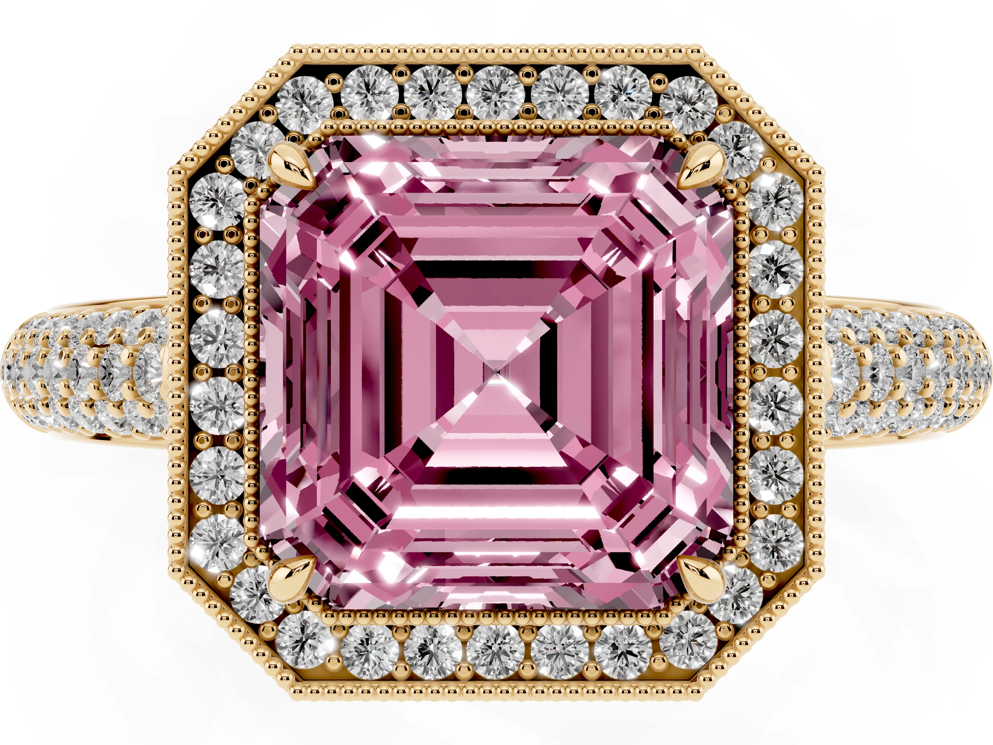 Fancy Pink Asscher Cut Diamond Halo Pavé Band Set in Yellow gold with Prong Setting