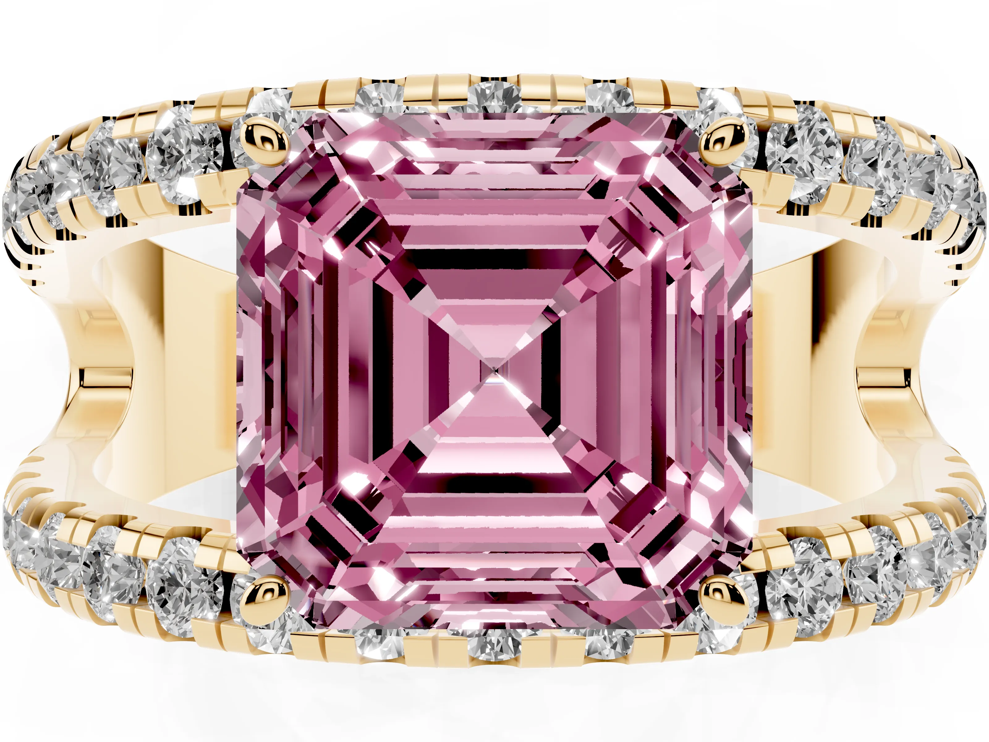 Fancy Pink Asscher Cut Diamond Split Shank Pavé Solitaire Ring Set in Yellow gold with Open Shank Design