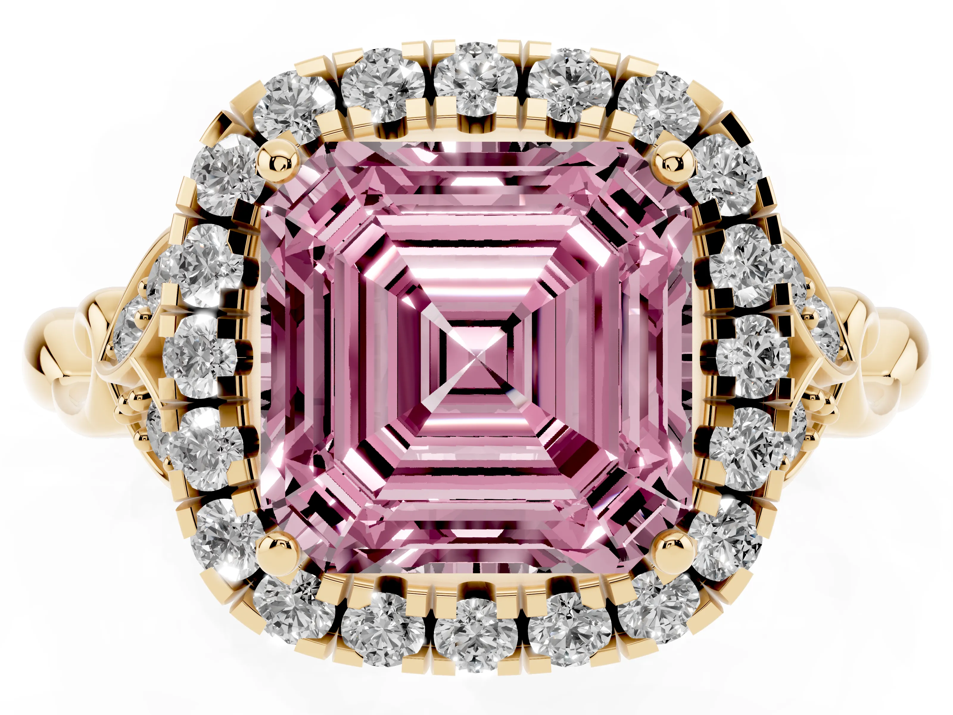 Fancy Pink Asscher Cut Diamond Halo Engagement Ring Set in Yellow gold with Vintage-Inspired Band and Prong Setting