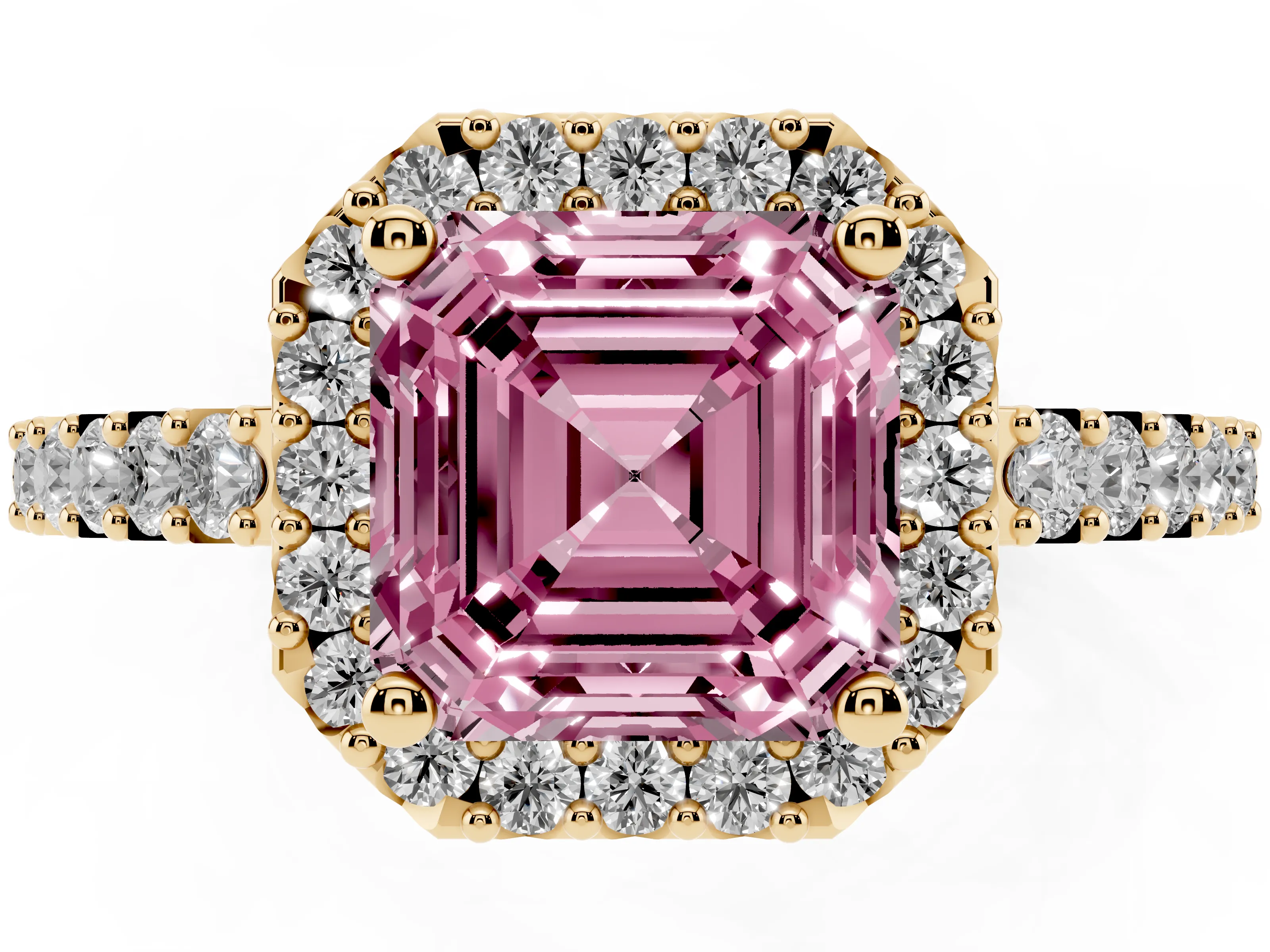 Fancy Pink Asscher Cut Diamond Halo Pavé Solitaire Ring Set in Yellow gold with Prong-Set Center Stone