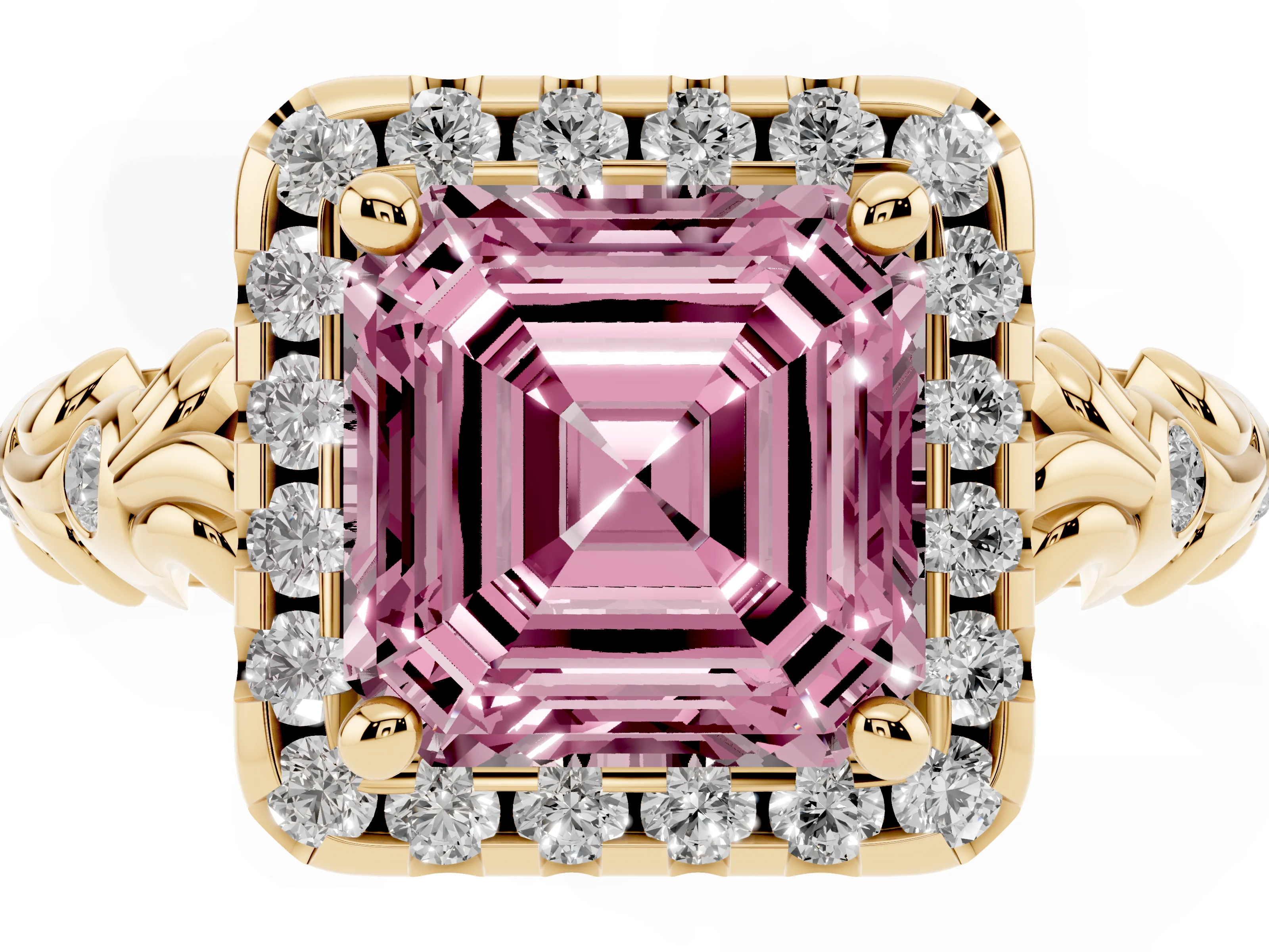 Fancy Pink Asscher Cut Diamond Halo Ring Set in Yellow gold with Filigree Leaf Band and Prong Setting