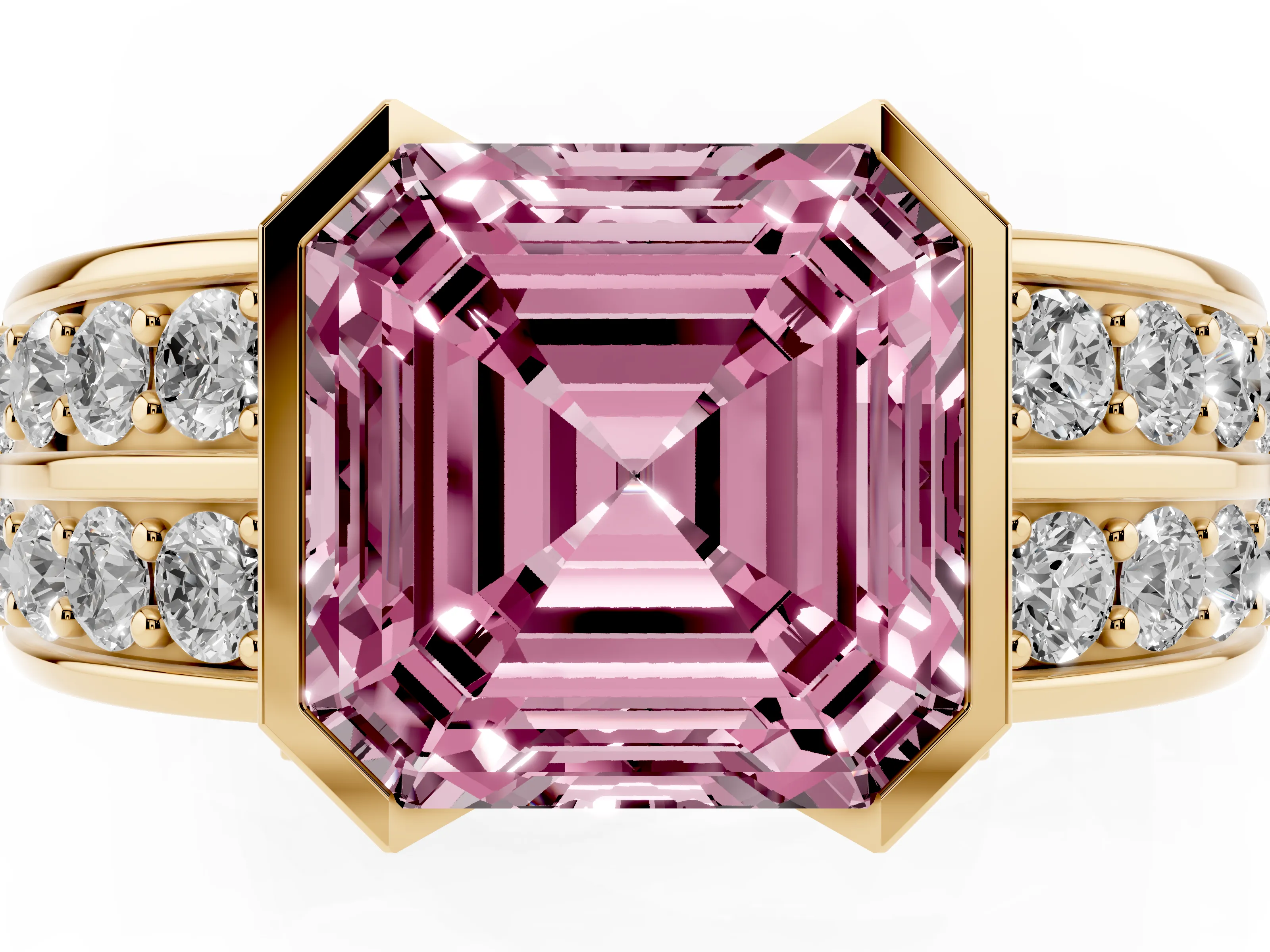 Fancy Pink Asscher Cut Diamond Wide Channel Set Band Ring Set in Yellow gold with Bezel Setting