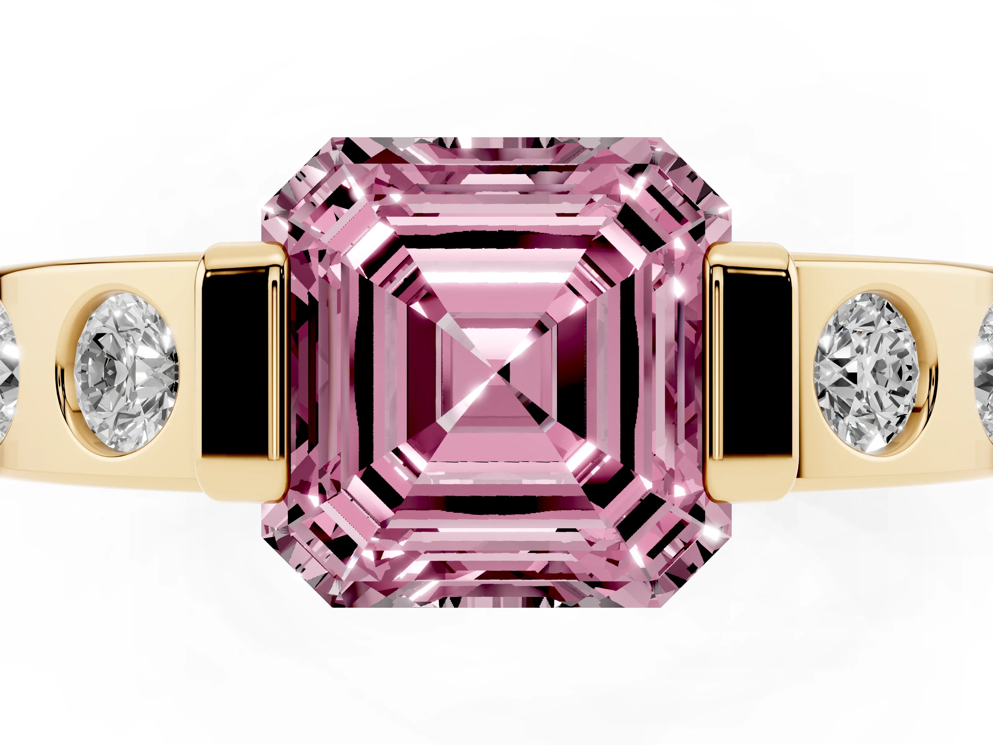 Fancy Pink Asscher Cut Diamond Channel-Set Band Ring Set in Yellow gold with Bezel Prong Setting