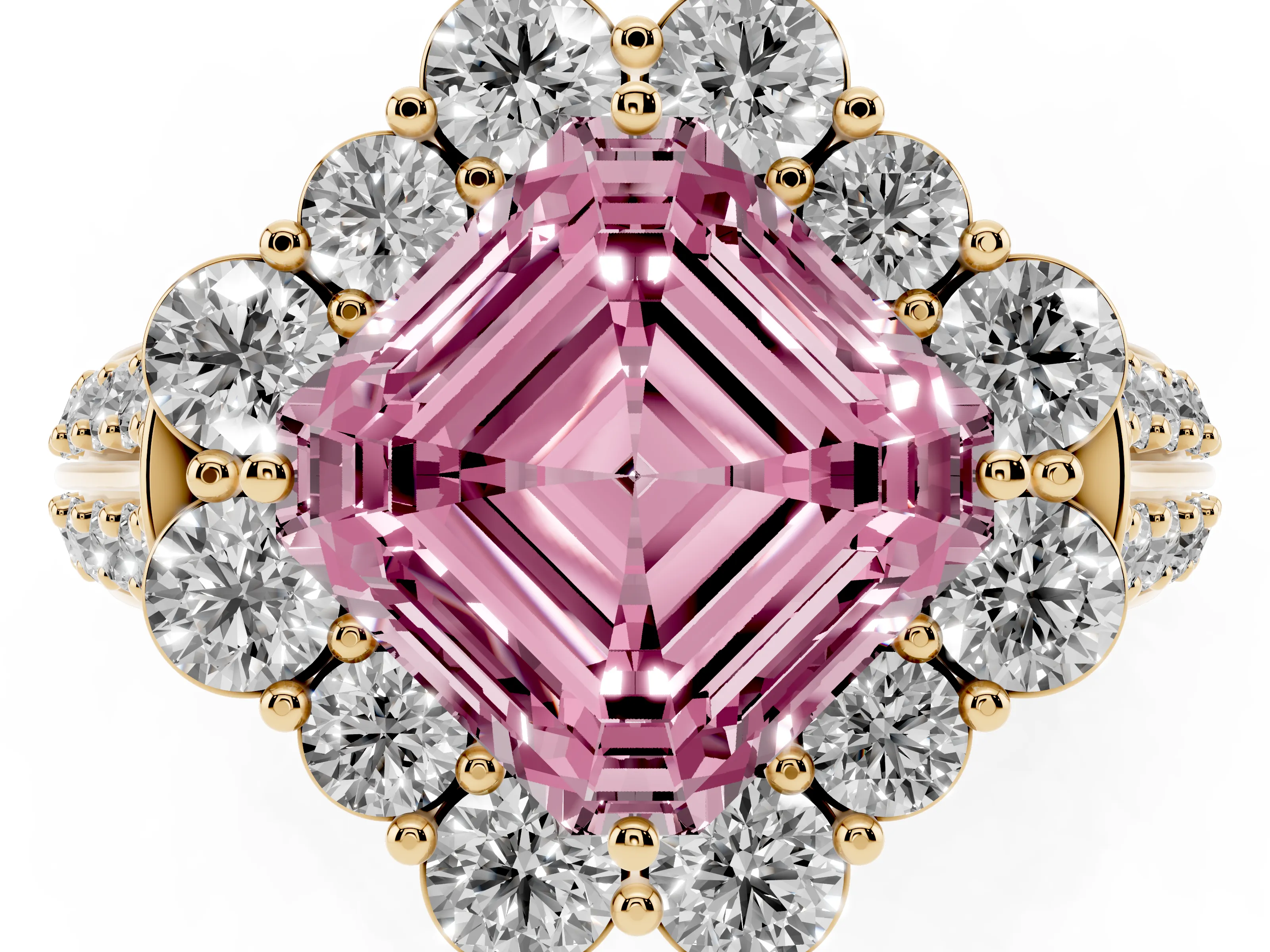 Fancy Pink Asscher Cut Diamond Halo Engagement Ring Set in Yellow gold with Split Shank and Prong Setting