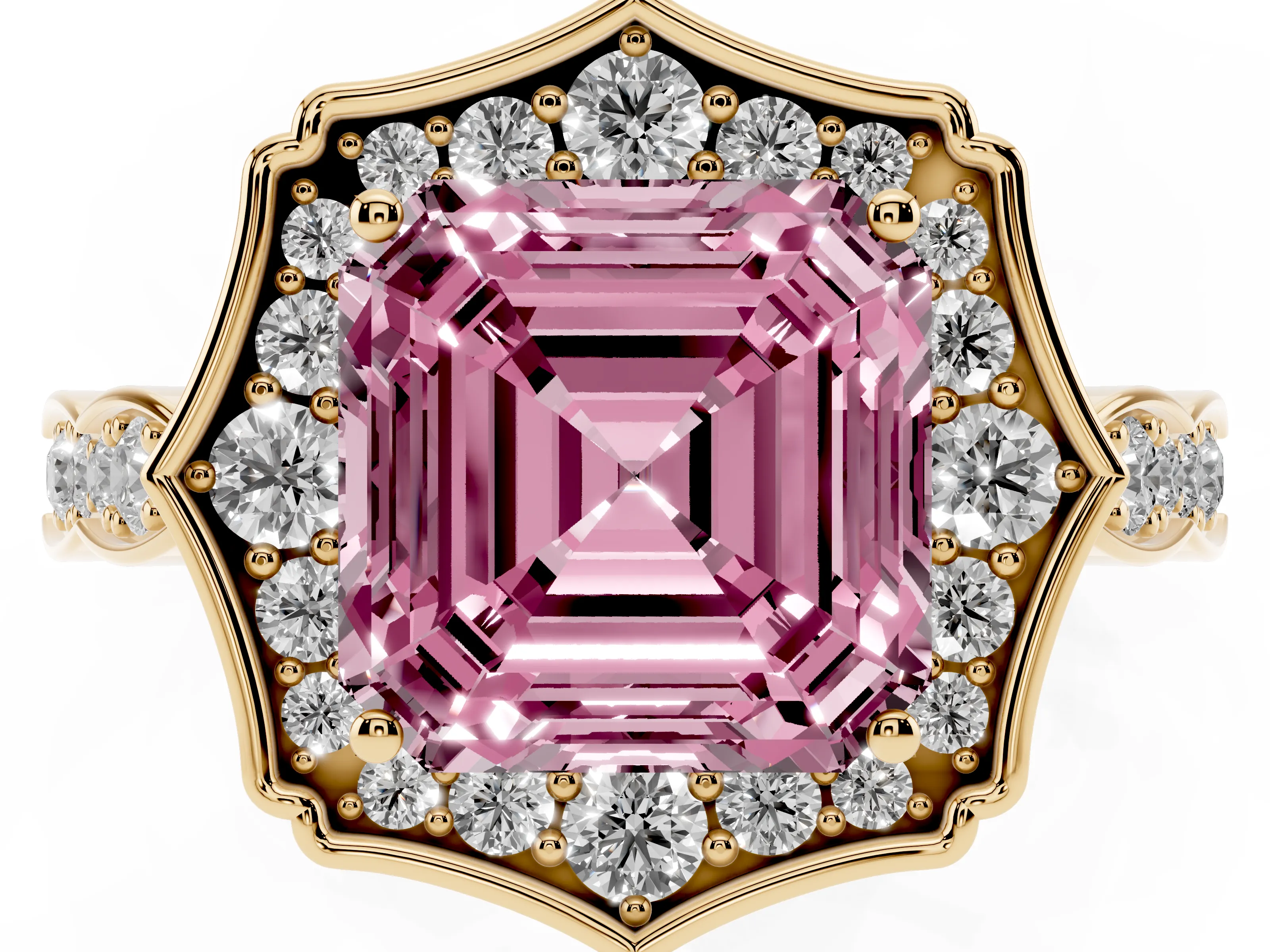 Fancy Pink Asscher Cut Diamond Halo Engagement Ring Set in Yellow gold with Milgrain Band and Prong Setting