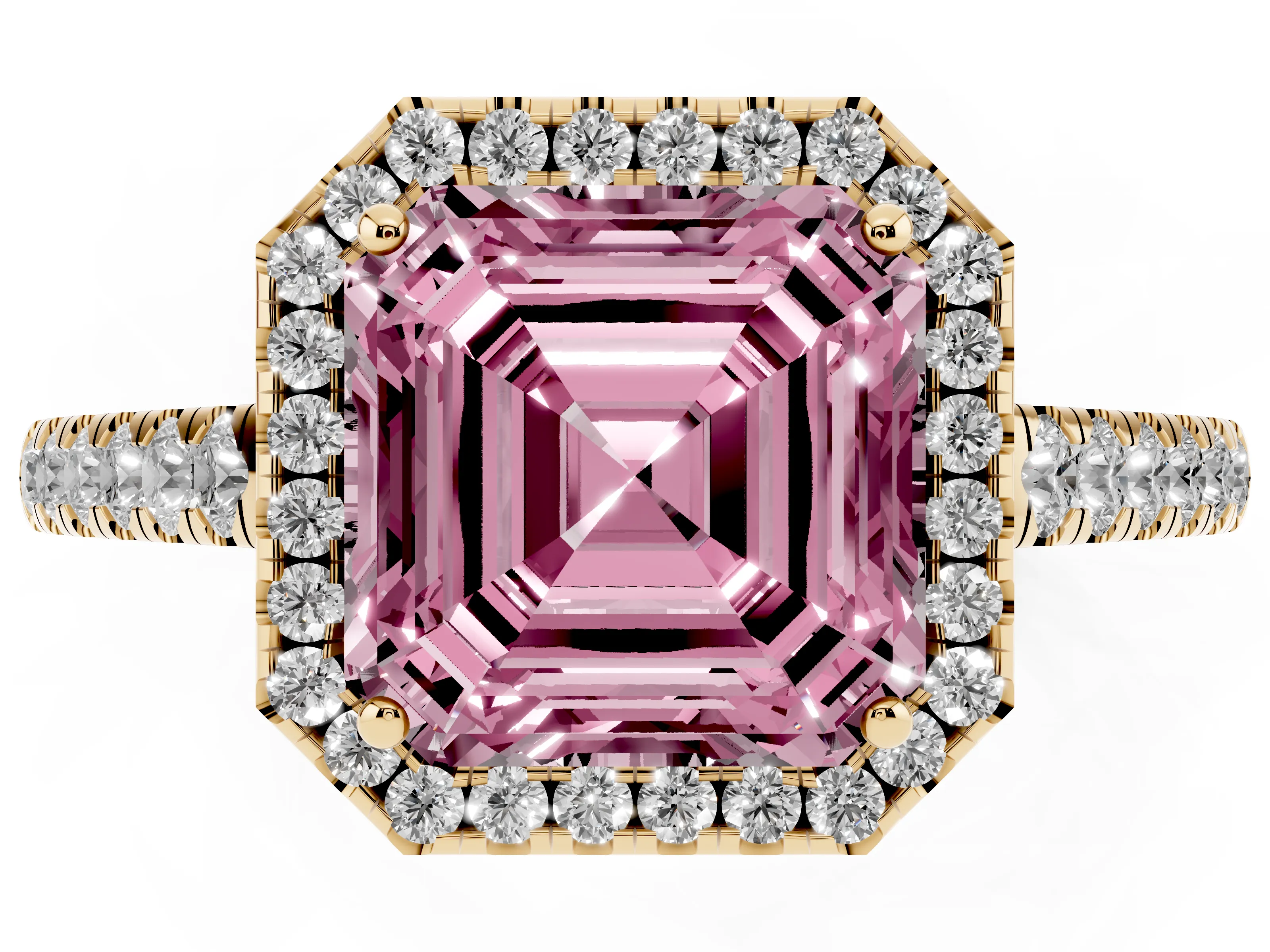 Fancy Pink Asscher Cut Diamond Halo Pavé Engagement Ring Set in Yellow gold with Prong Setting