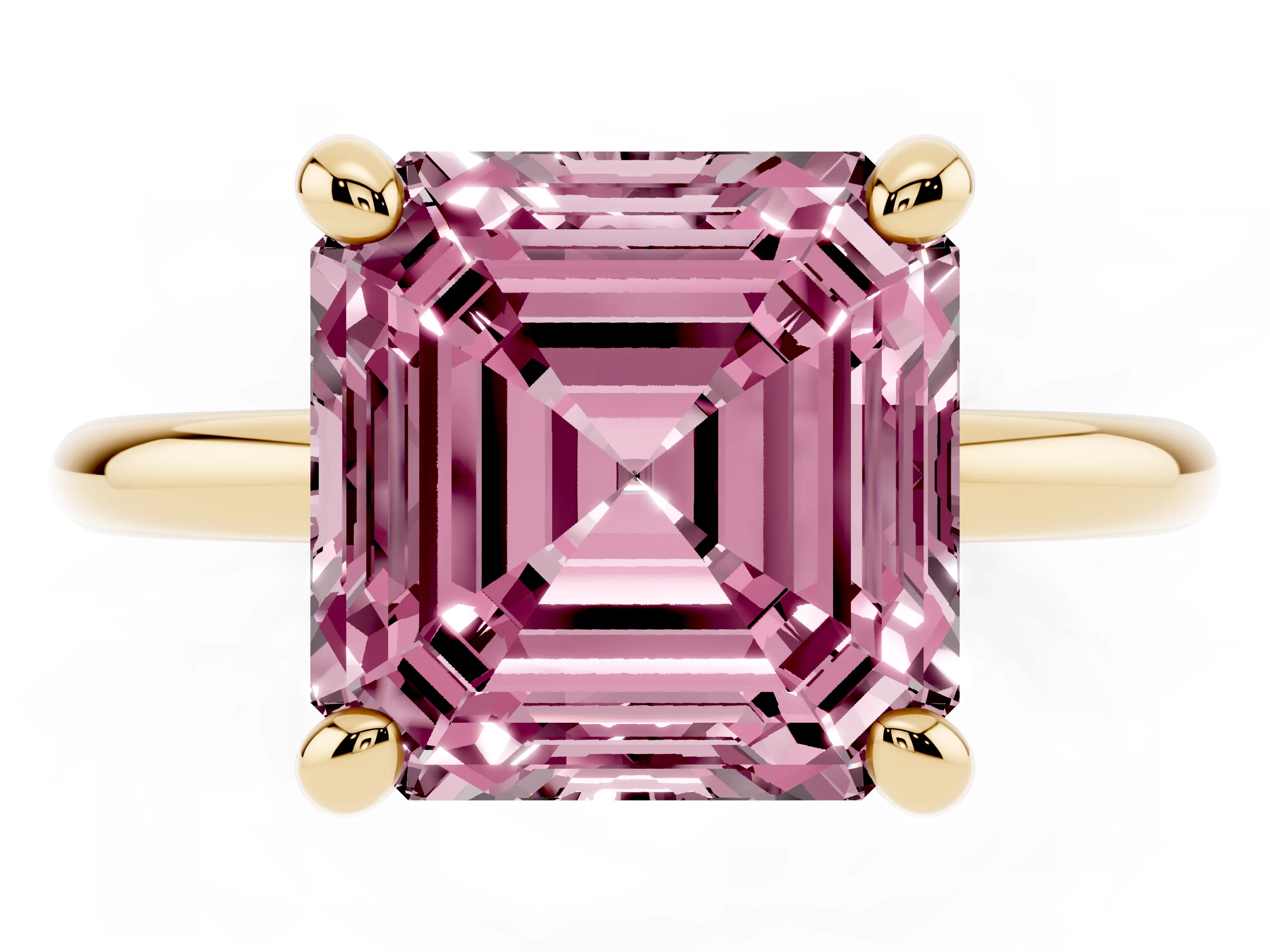 Fancy Pink Asscher Cut Diamond Solitaire Ring Set in Yellow gold with Prong Setting on a Polished Plain Band