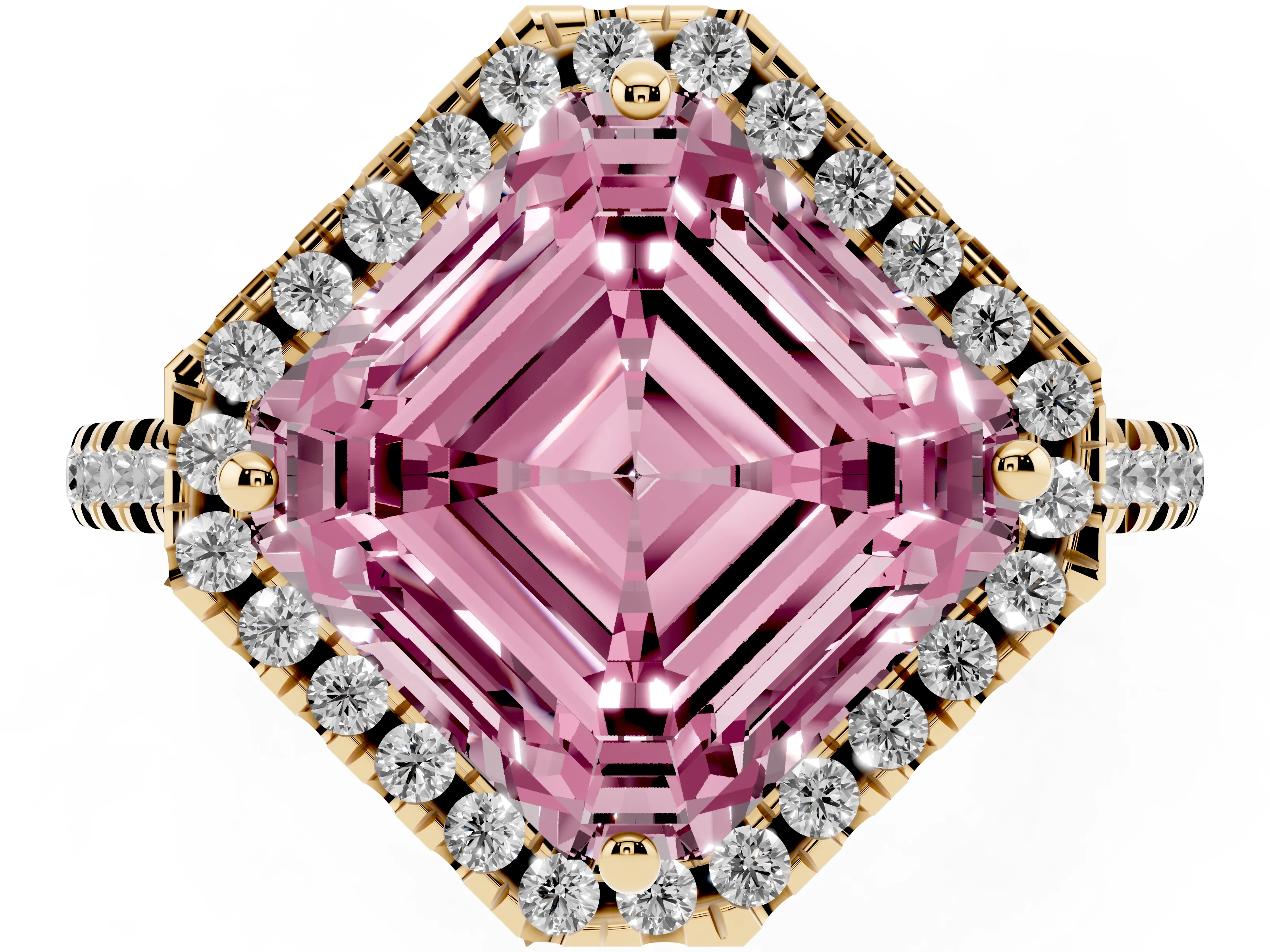 Fancy Pink Asscher Cut Diamond Cushion Halo Ring Set in Yellow gold with Pavé Band