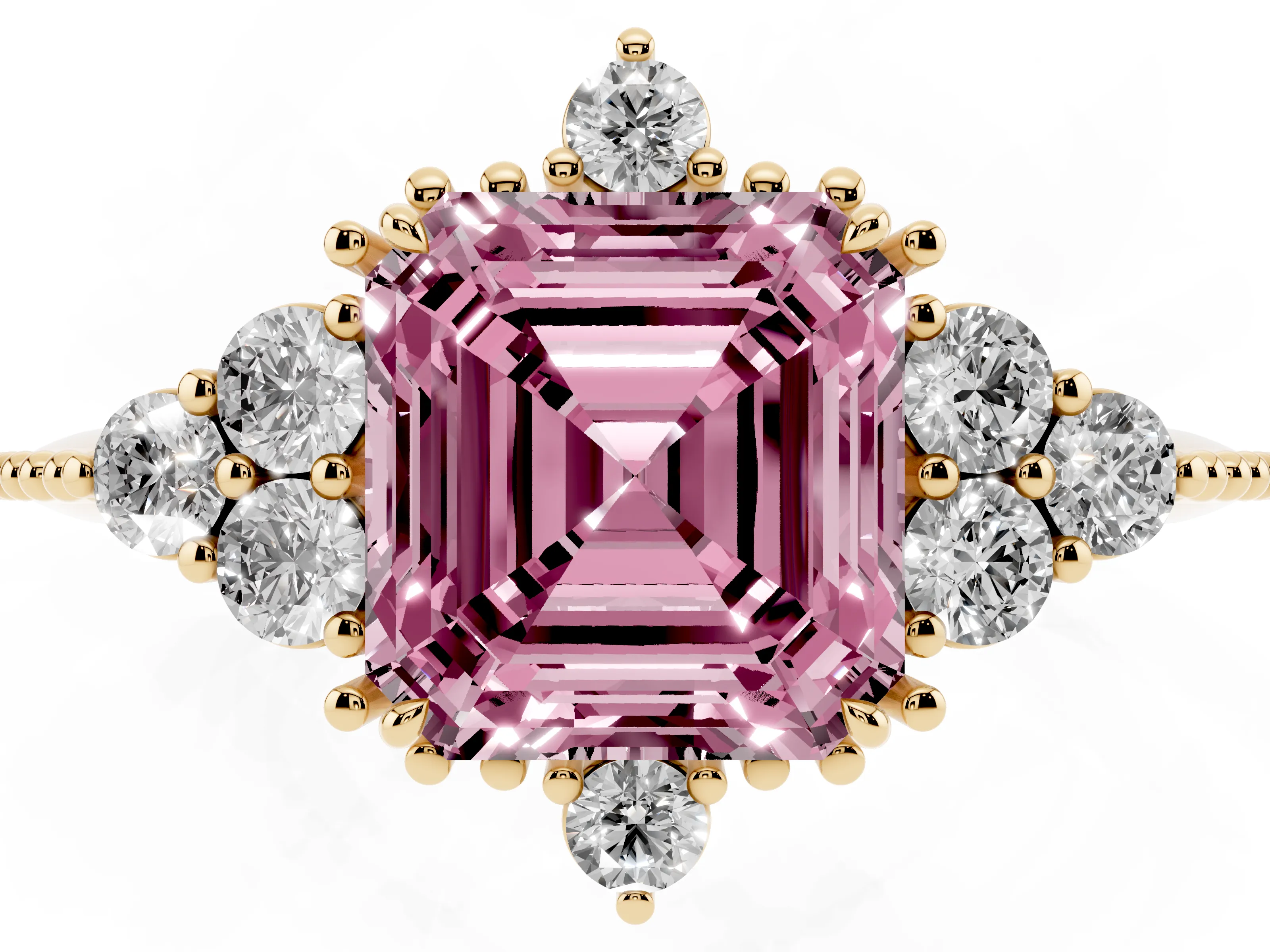 Fancy Pink Asscher Cut Diamond Cluster Ring Set in Yellow gold with Beaded Band