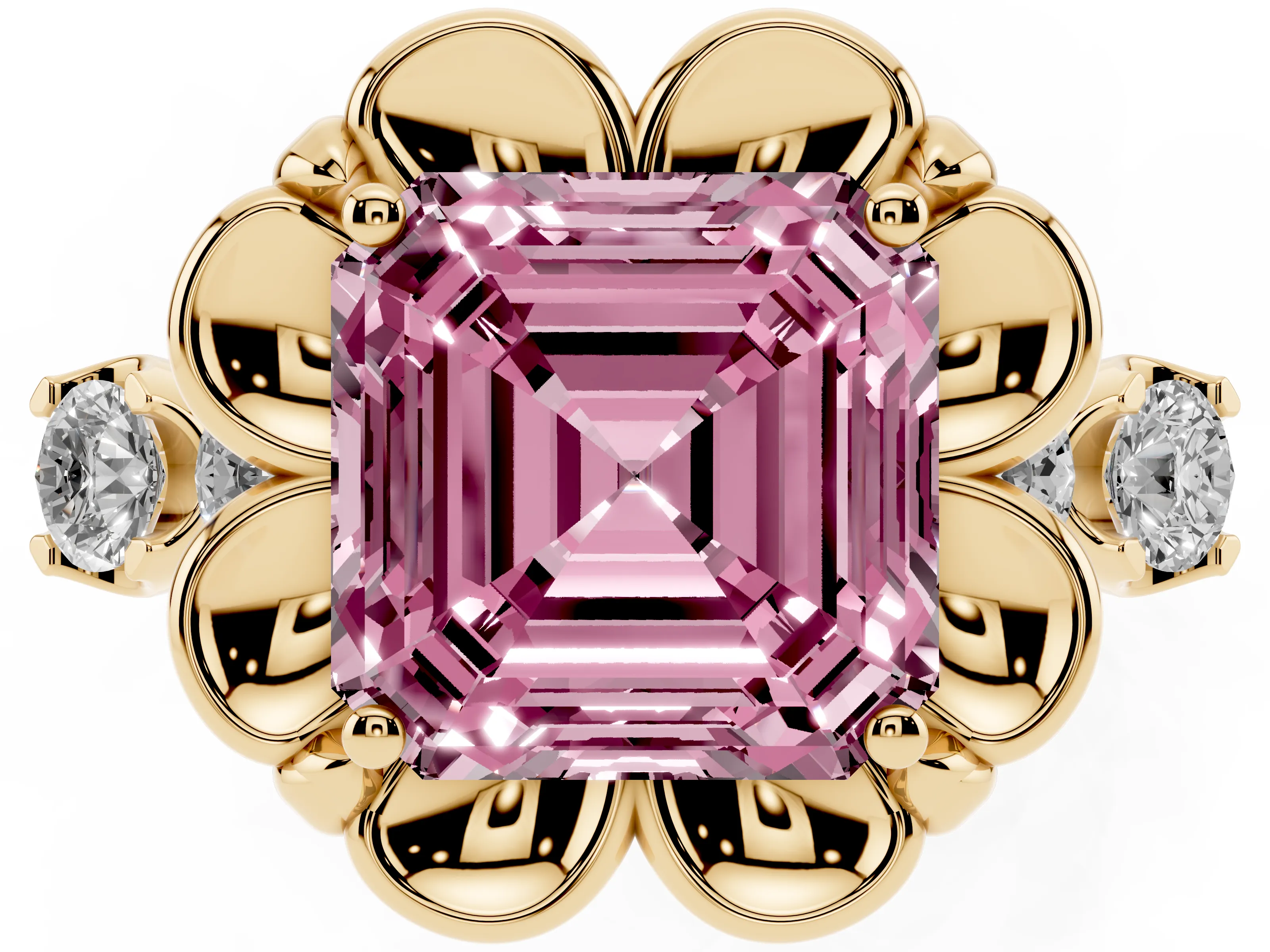 Fancy Pink Asscher Cut Diamond Floral Halo Ring Set in Yellow gold with Shared Prong Band
