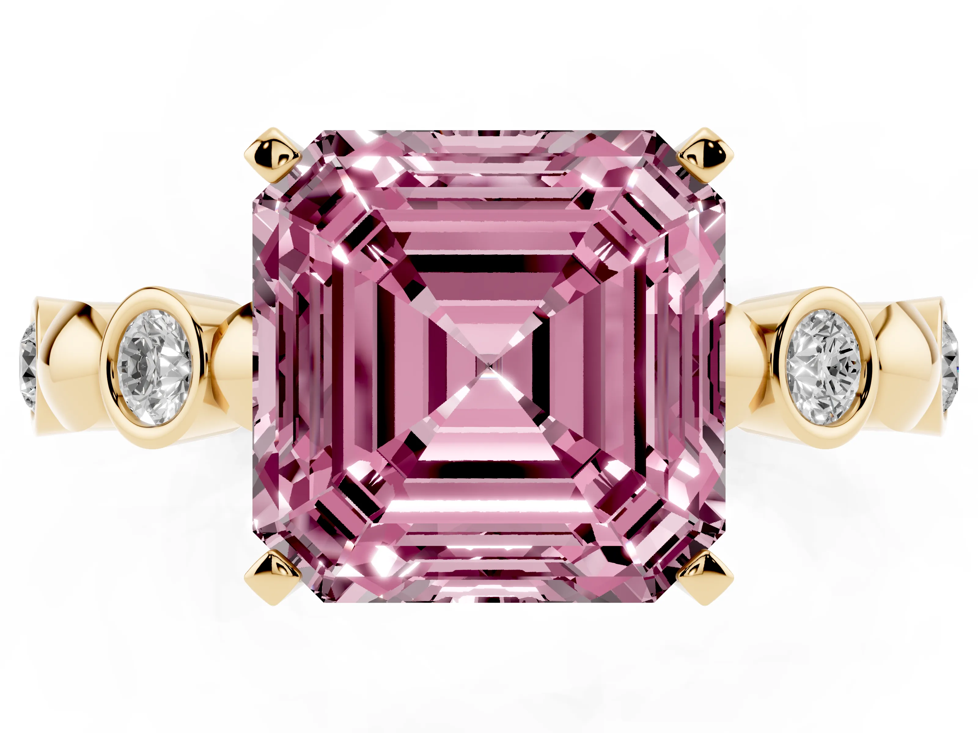 Fancy Pink Asscher Cut Diamond Solitaire Ring Set in Yellow gold with Bezel-Set Accents on Beaded Band and Prong Setting
