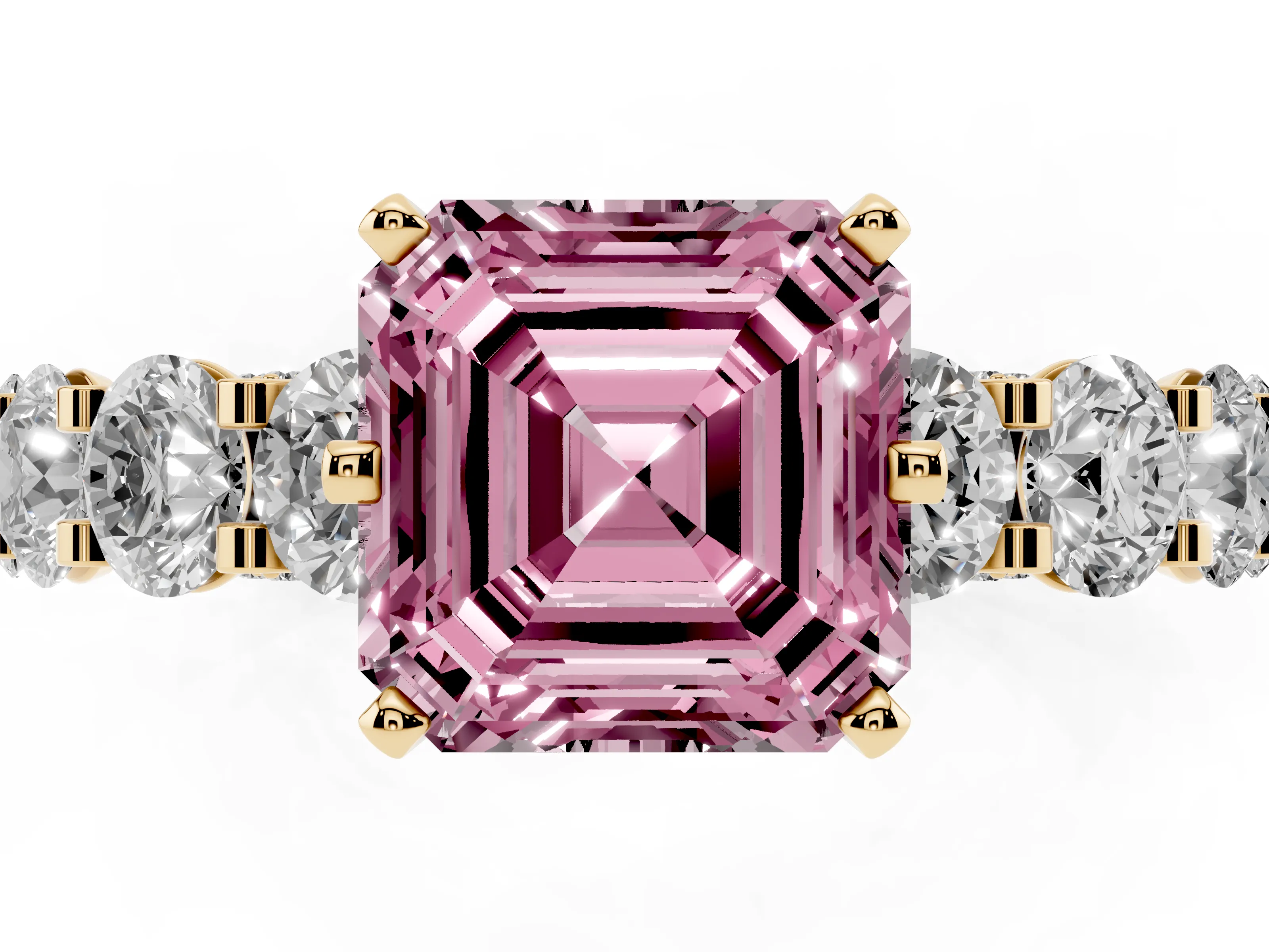 Fancy Pink Asscher Cut Diamond Side Stone Ring Set in Yellow gold with Alternating Round and Oval Side Stones