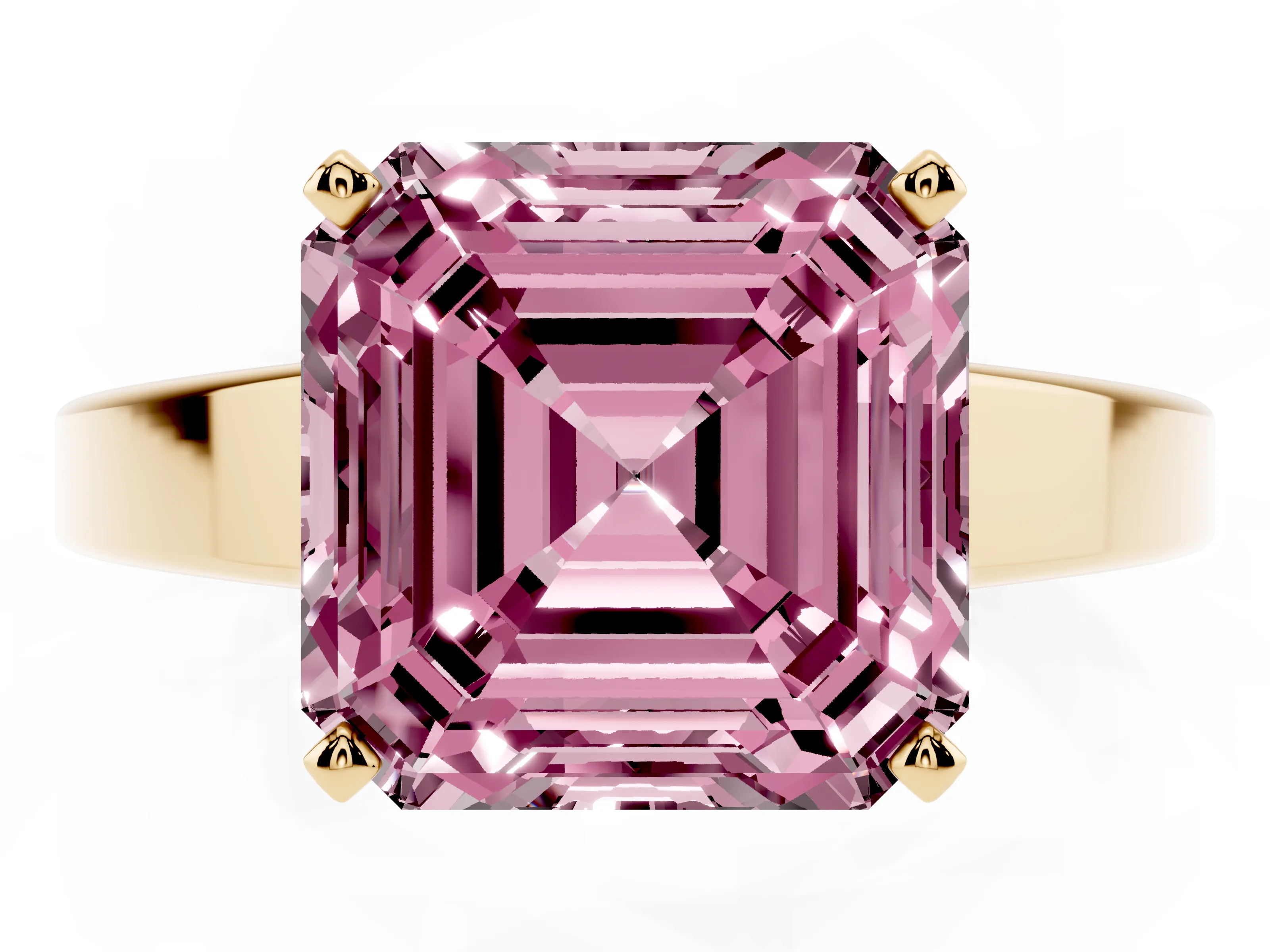Fancy Pink Asscher Cut Diamond Solitaire Engagement Ring Set in Yellow gold with Prong Setting and Tapered Band