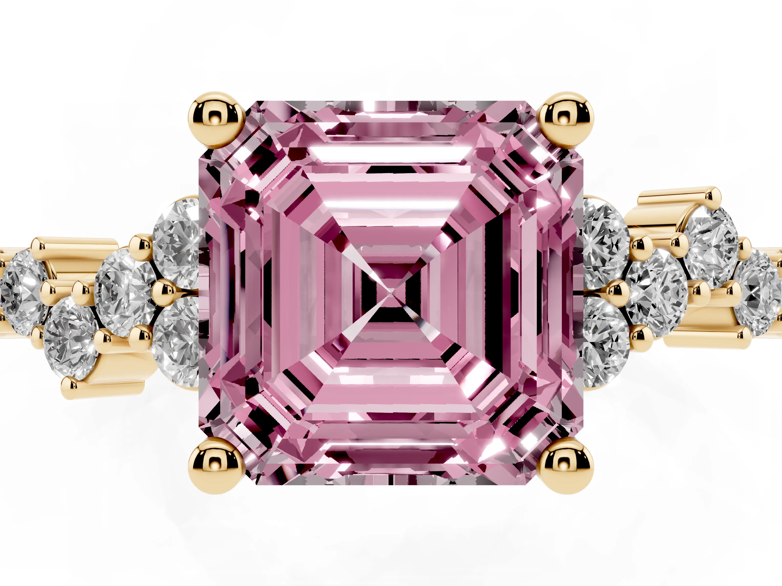 Fancy Pink Asscher Cut Diamond Ring Set in Yellow gold with Scattered Round Accents
