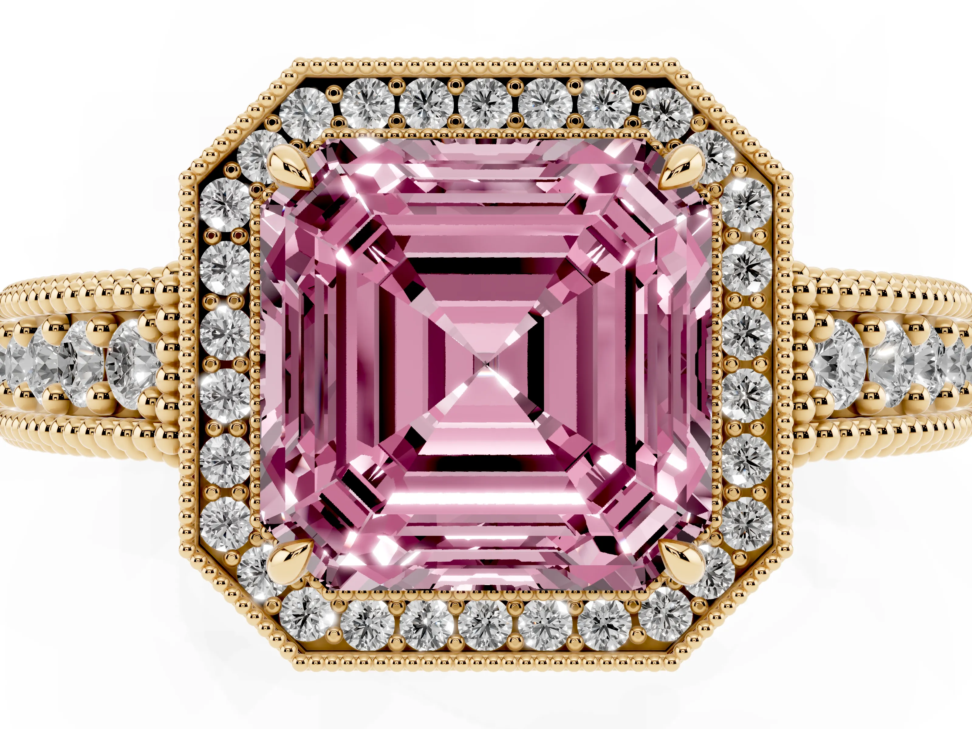 Fancy Pink Asscher Cut Diamond Halo Ring Set in Yellow gold with Round Accent Halo, Pavé Band and Prong Setting